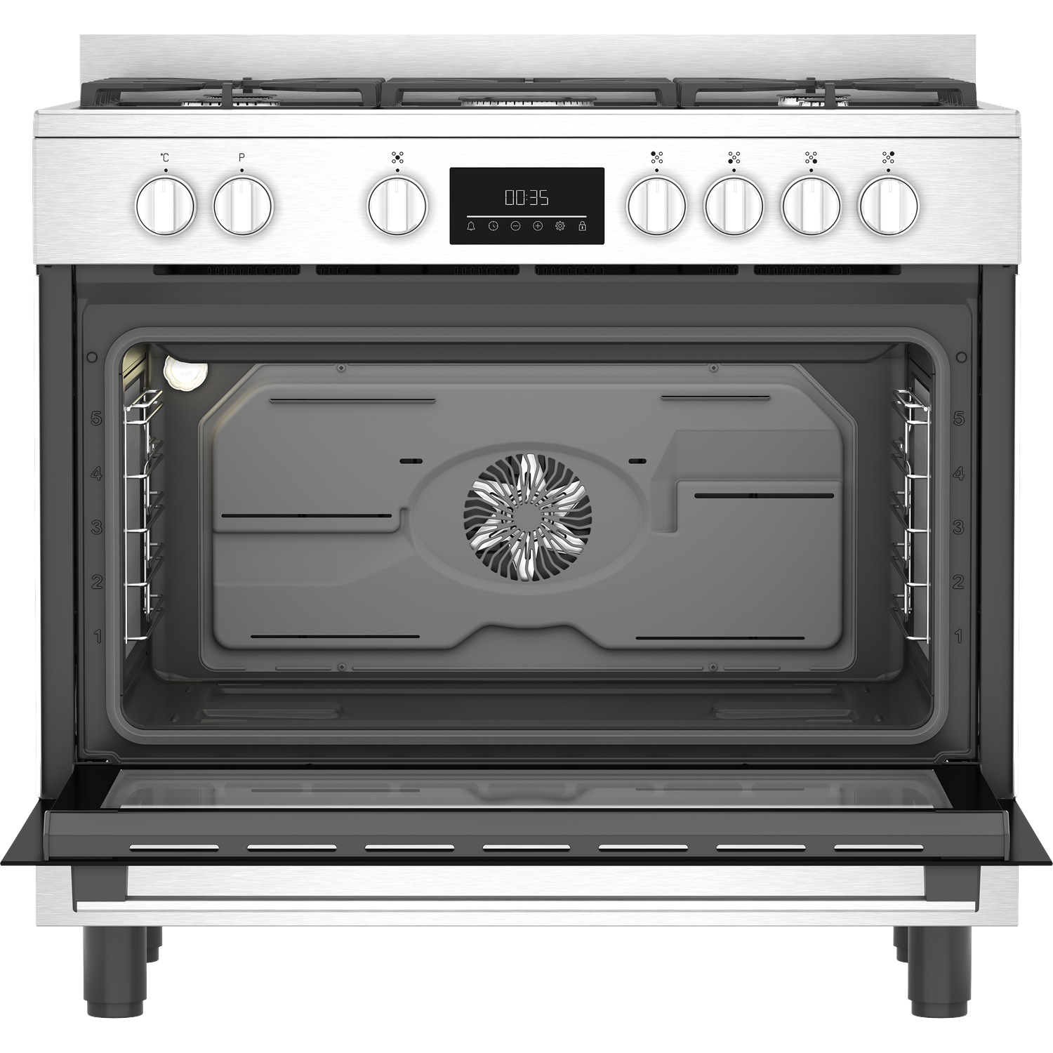 Vooraanzicht van een open roestvrijstalen oven met een digitaal display dat 00:35 toont.