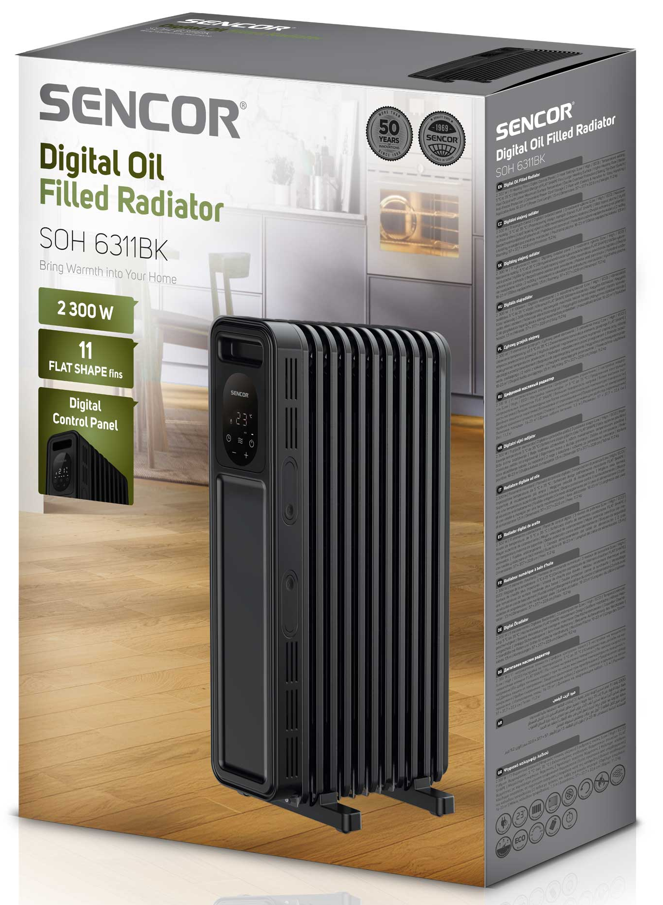 SENCOR digitális olajradiátor SOH 6311BK, 2300W, 11 bordás, vezérlőpanellel.