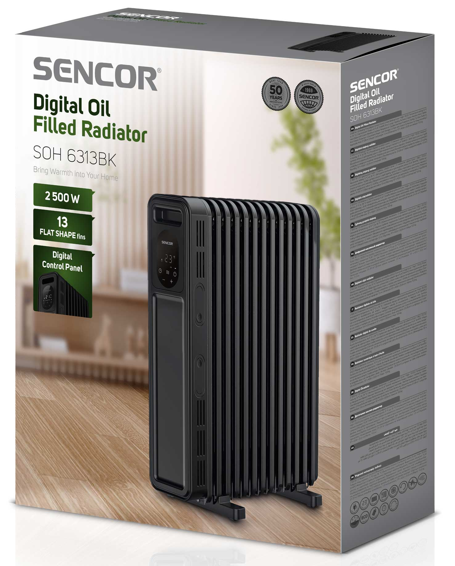 Fekete SENCOR olajradiátor digitális vezérlőpanellel, 2500W, 13 bordával.