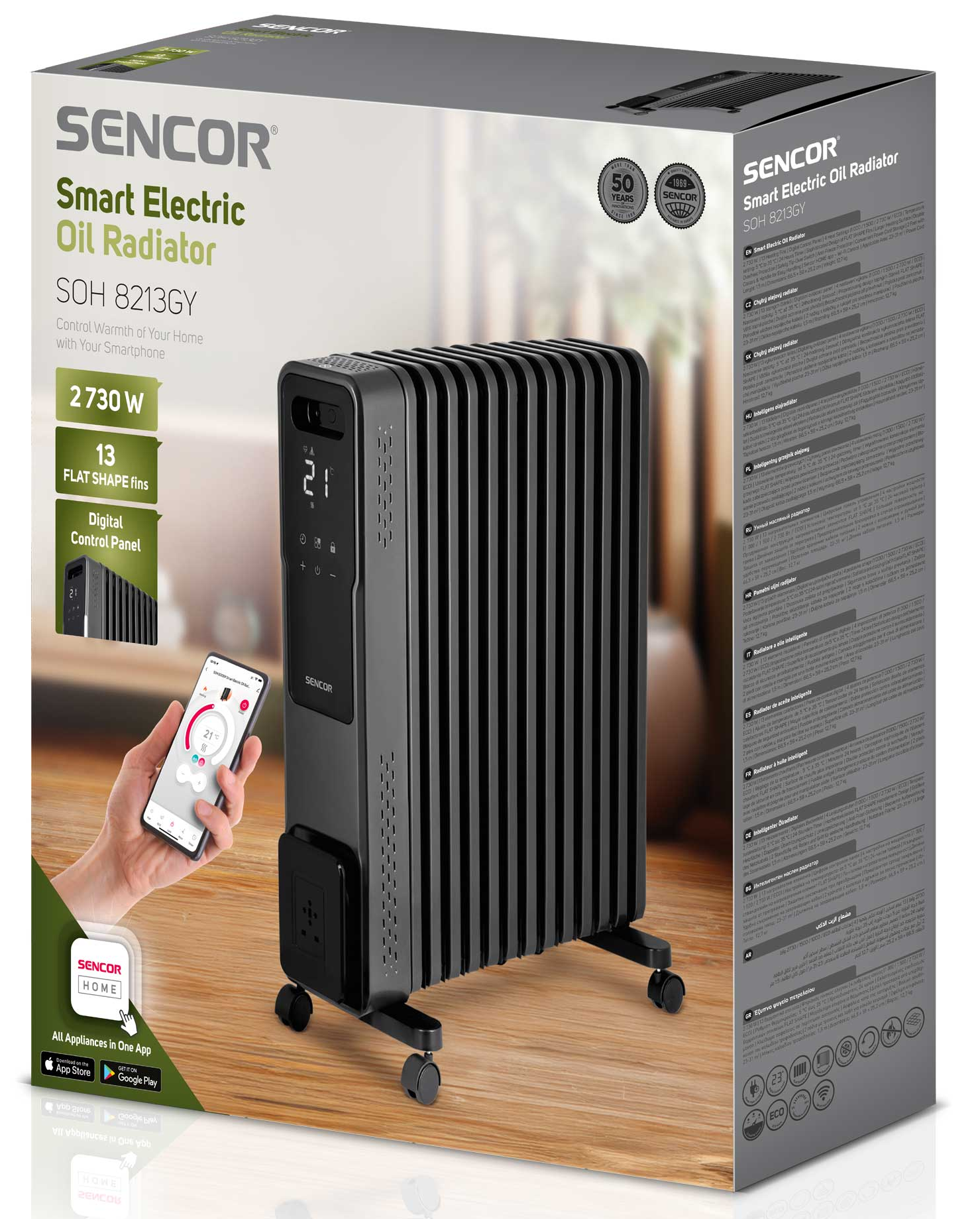 SENCOR Smart elektromos olajradiátor SOH 8213GY: 2730W, 13 borda, digitális panel, app vezérlés.