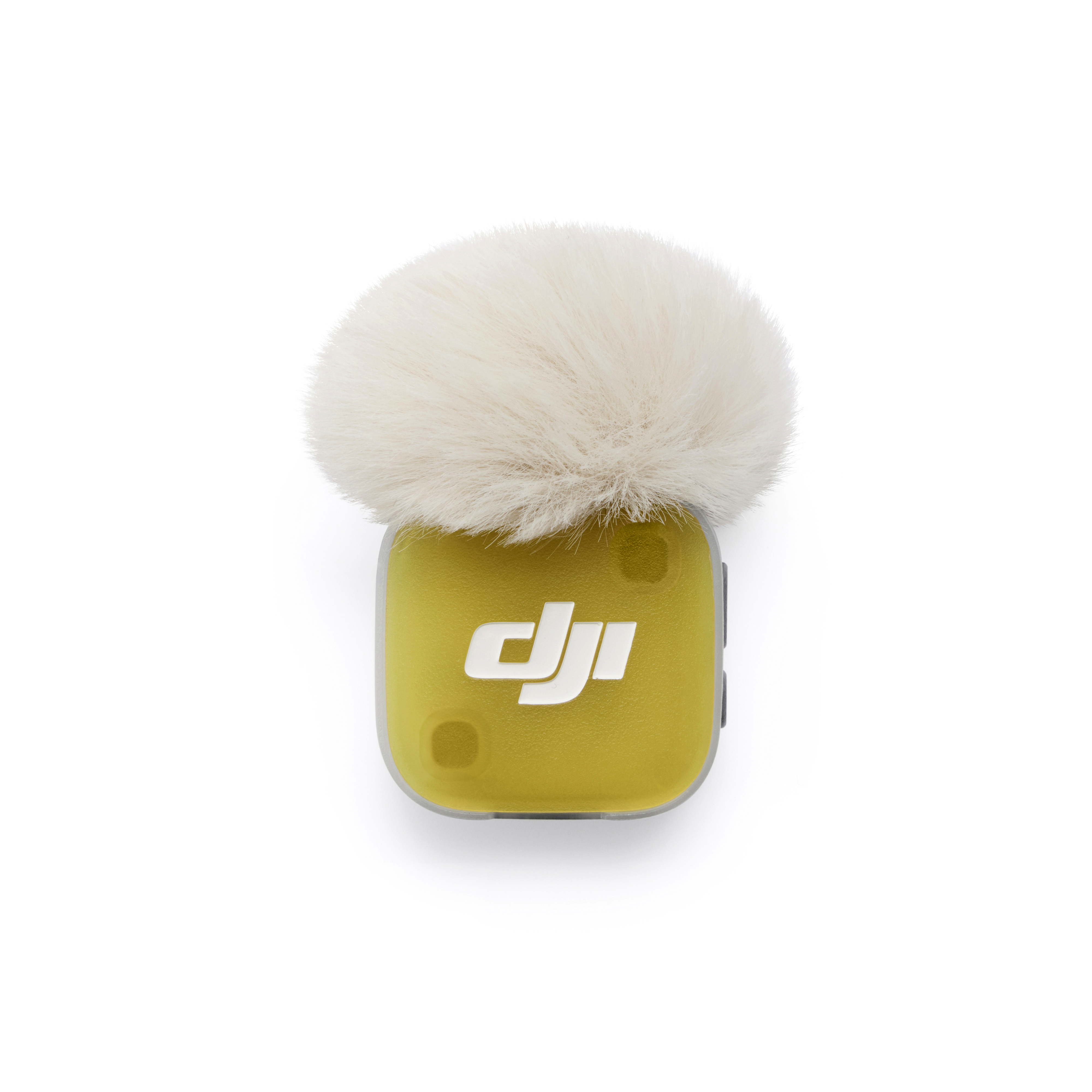 Ein gelbes DJI Mikrofon mit einem weißen Fell-Windschutz auf weißem Hintergrund.