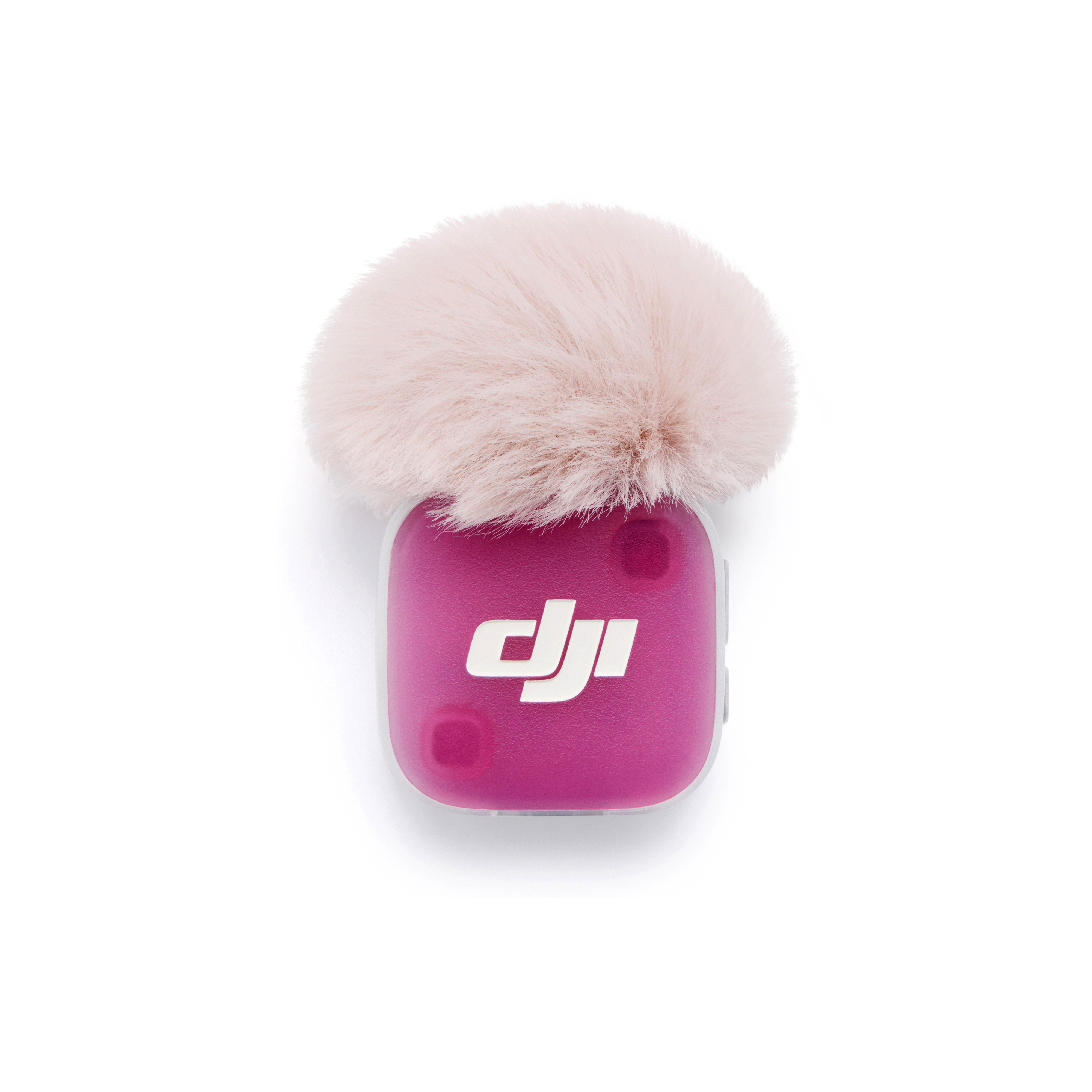 Ein pinker DJI-Mikrofonaufsatz mit einem flauschigen, hellrosa Windschutz.
