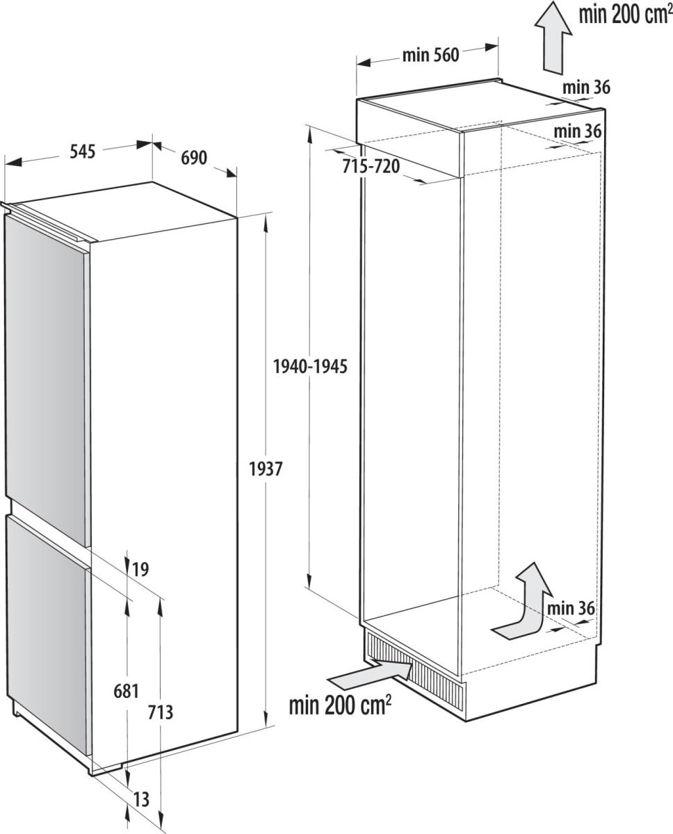 Diagram pokazuje wymiary urządzenia: 545x690mm, wysokość 1940-1945mm. Wentylacja min 200cm².