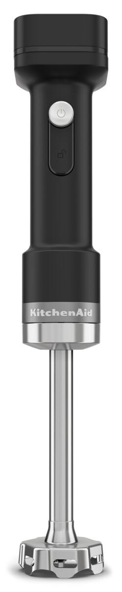 Ein schwarzer Stabmixer mit silbernem Schaft und Klingenschutz.