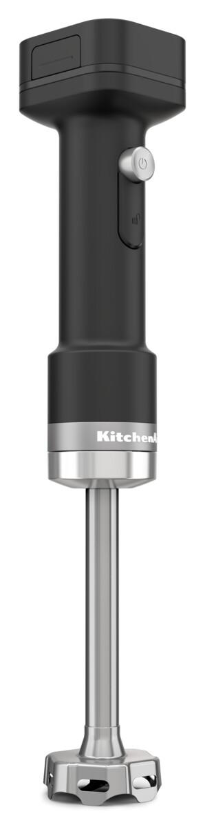 Schwarzer Stabmixer mit silbernen Akzenten und KitchenAid-Logo.
