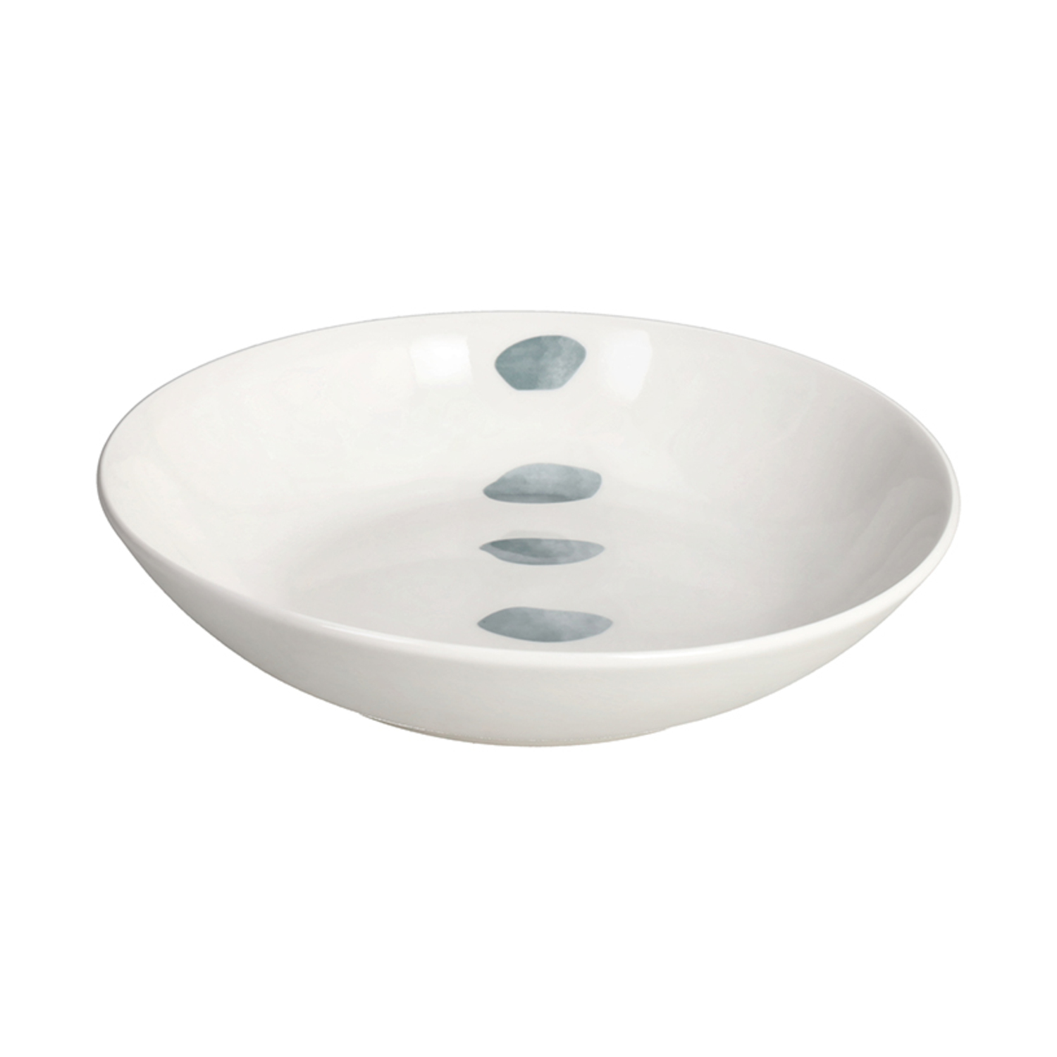 Una ciotola in ceramica bianca con quattro puntini grigio-blu.