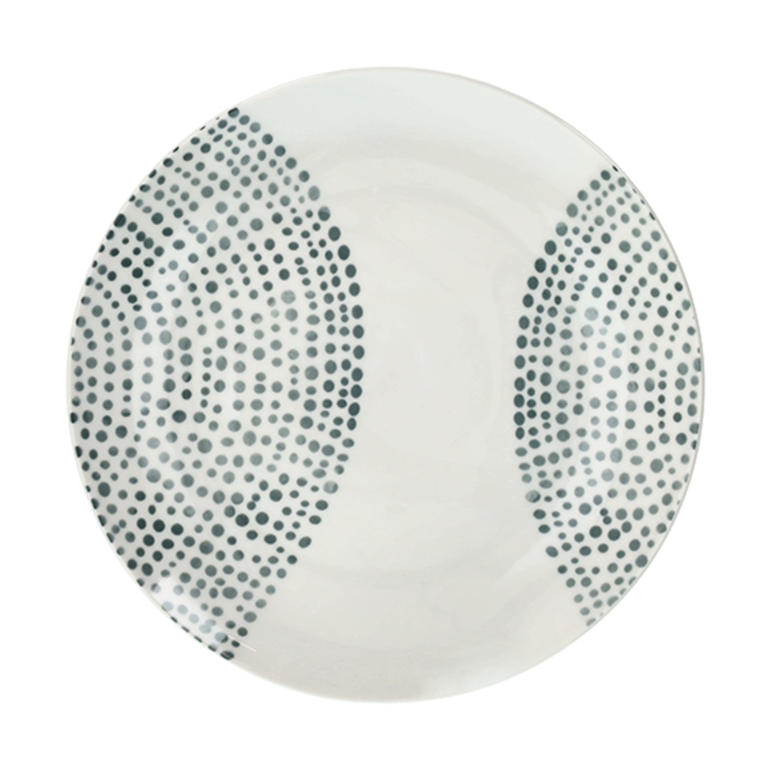 Piatto rotondo bianco con pois scuri sul bordo.