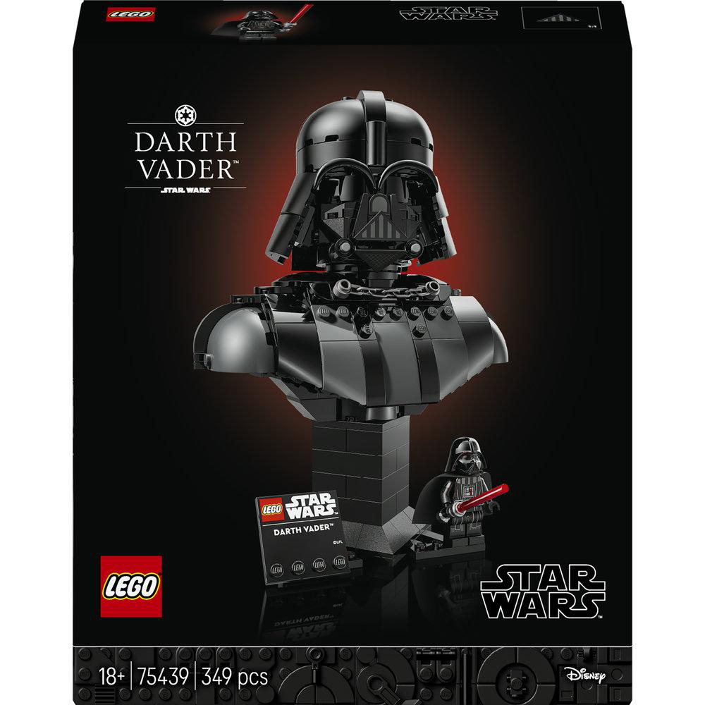 LEGO Darth Vader-Büste und Minifigur mit rotem Lichtschwert auf schwarzem Hintergrund.