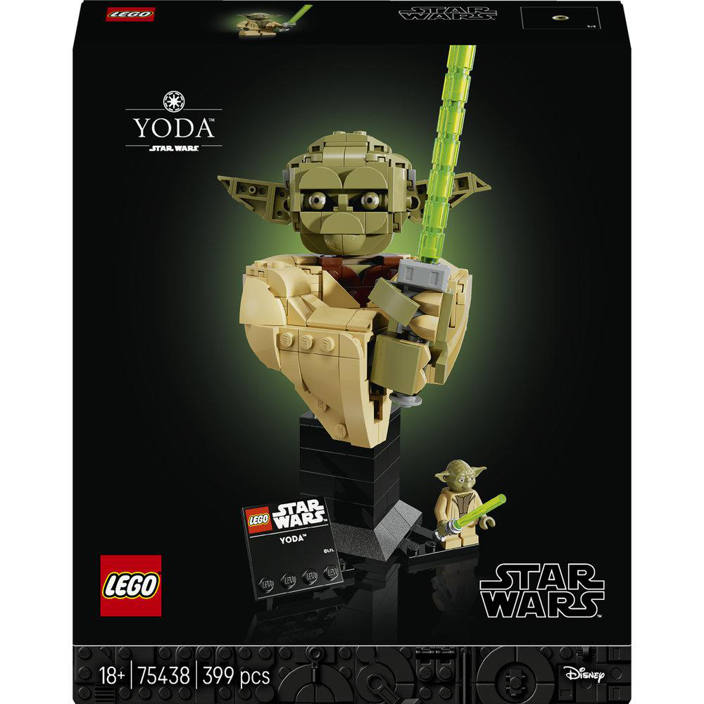 LEGO Star Wars Yoda-Bausatz mit Minifigur und Lichtschwert auf dunklem Sockel.
