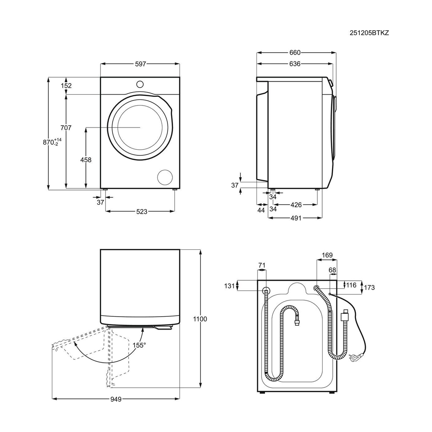 Disegno tecnico di una lavatrice con dimensioni e viste.