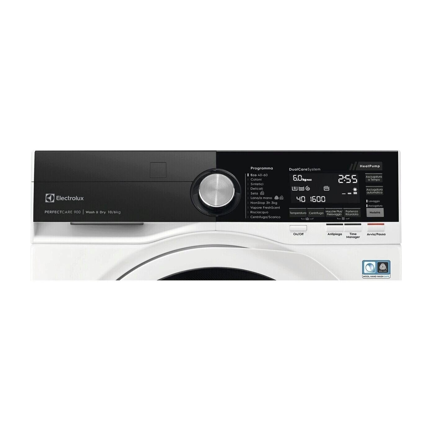 Una lavatrice Electrolux bianca con pannello di controllo e display neri.