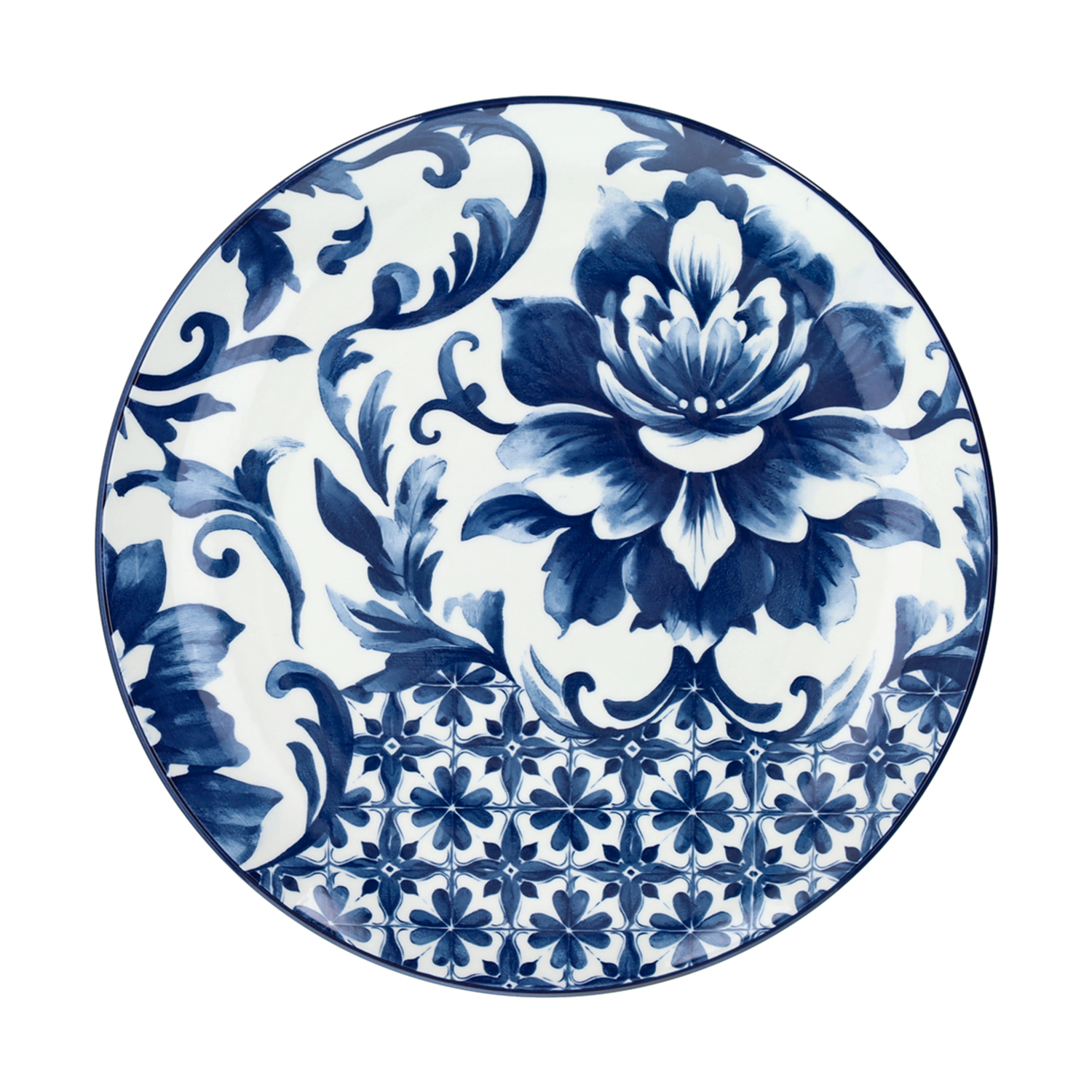 Un piatto in ceramica blu e bianco con motivo floreale.