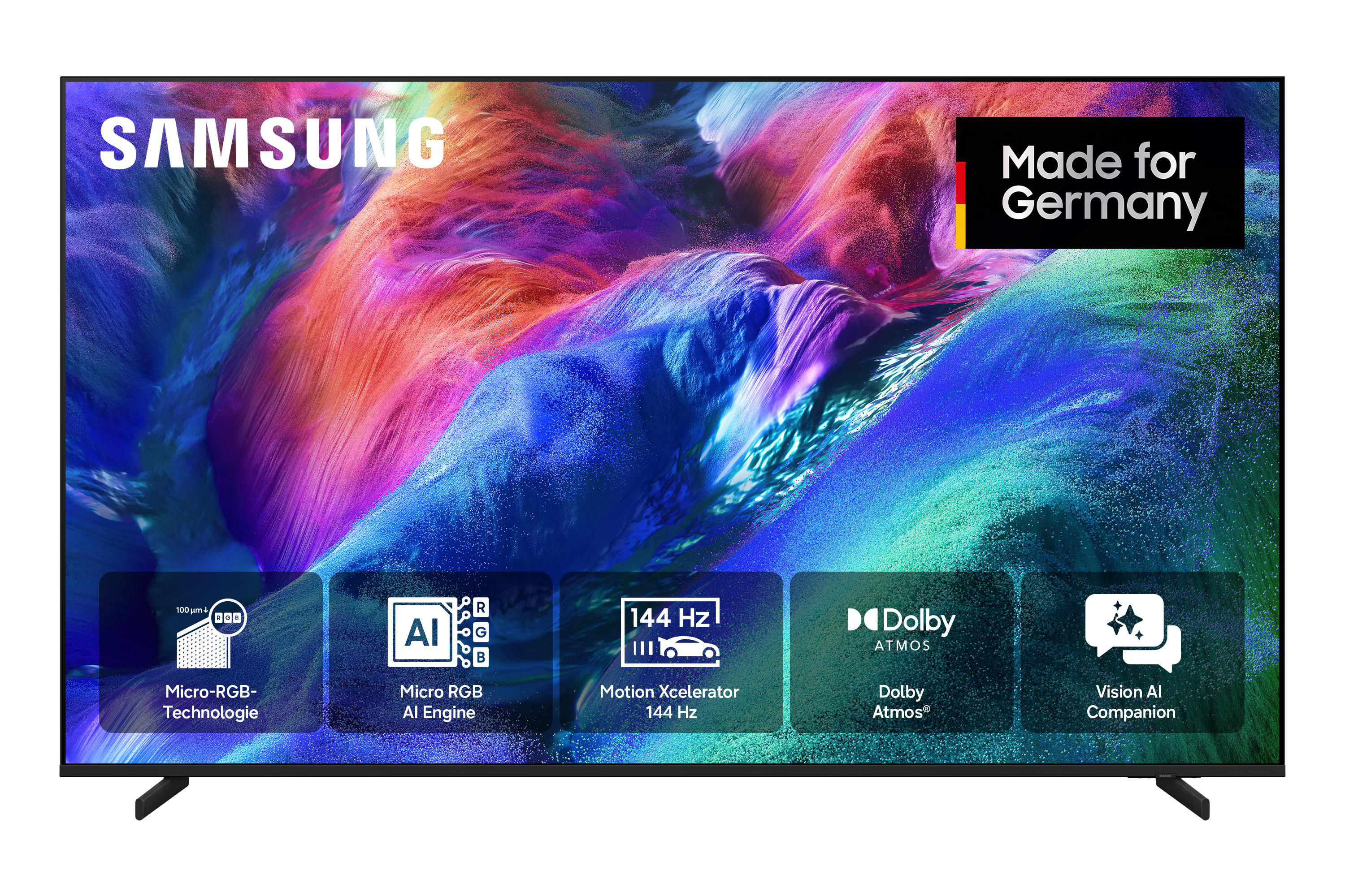Samsung TV mit lebendigem Bild, „Made for Germany“-Logo und Features wie Micro-RGB, KI, 144 Hz.