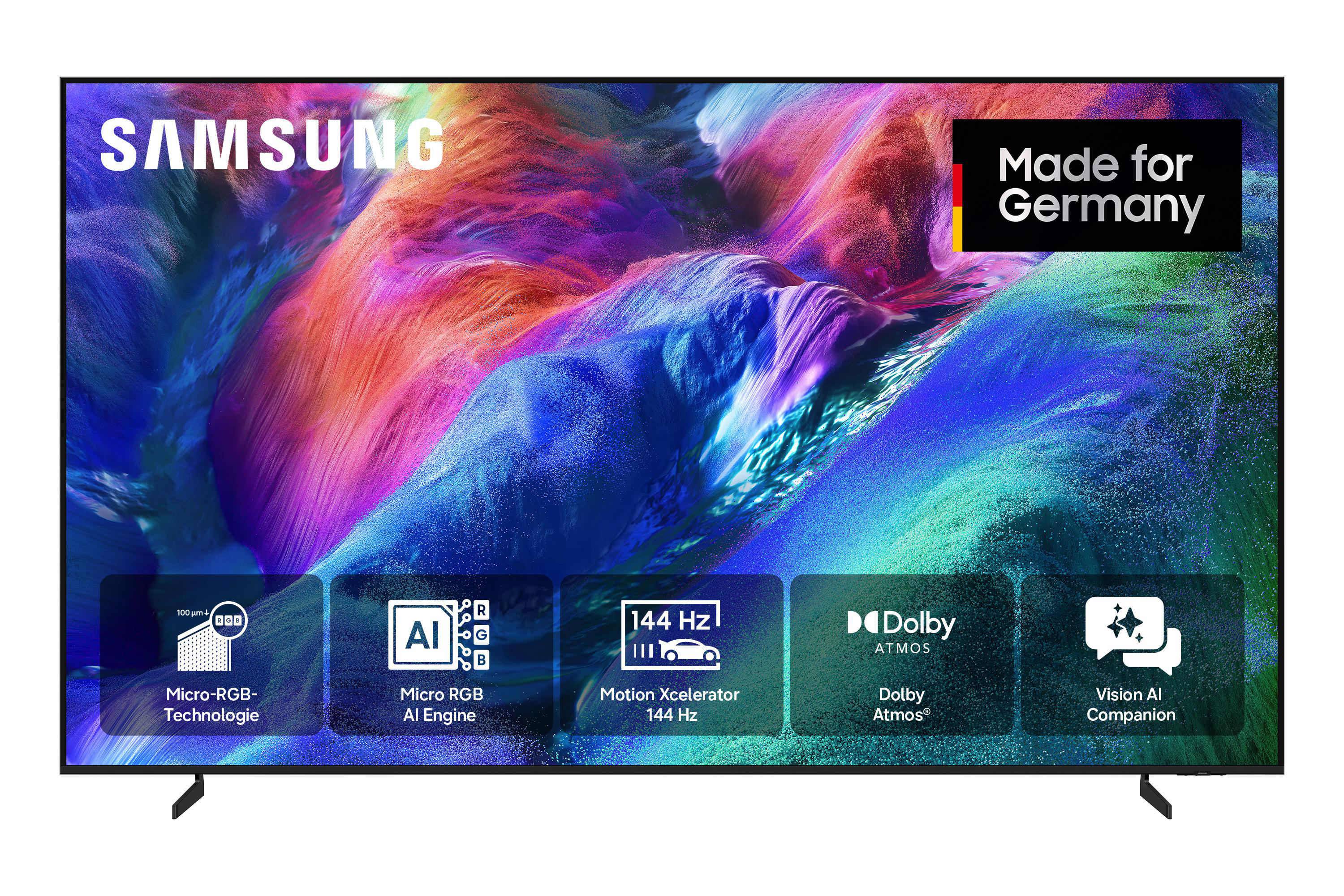 Samsung TV mit lebendigem Bild, "Made for Germany", KI-Engine, 144 Hz.