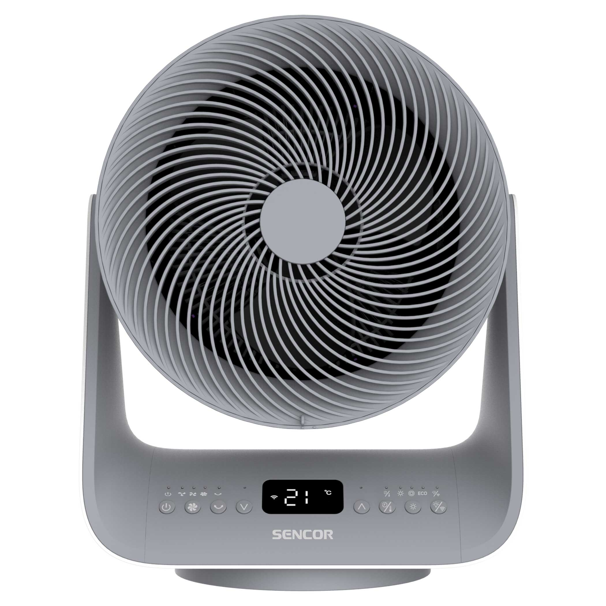 Szürke Sencor ventilátor digitális kijelzővel és kezelőszervekkel, állványon.
