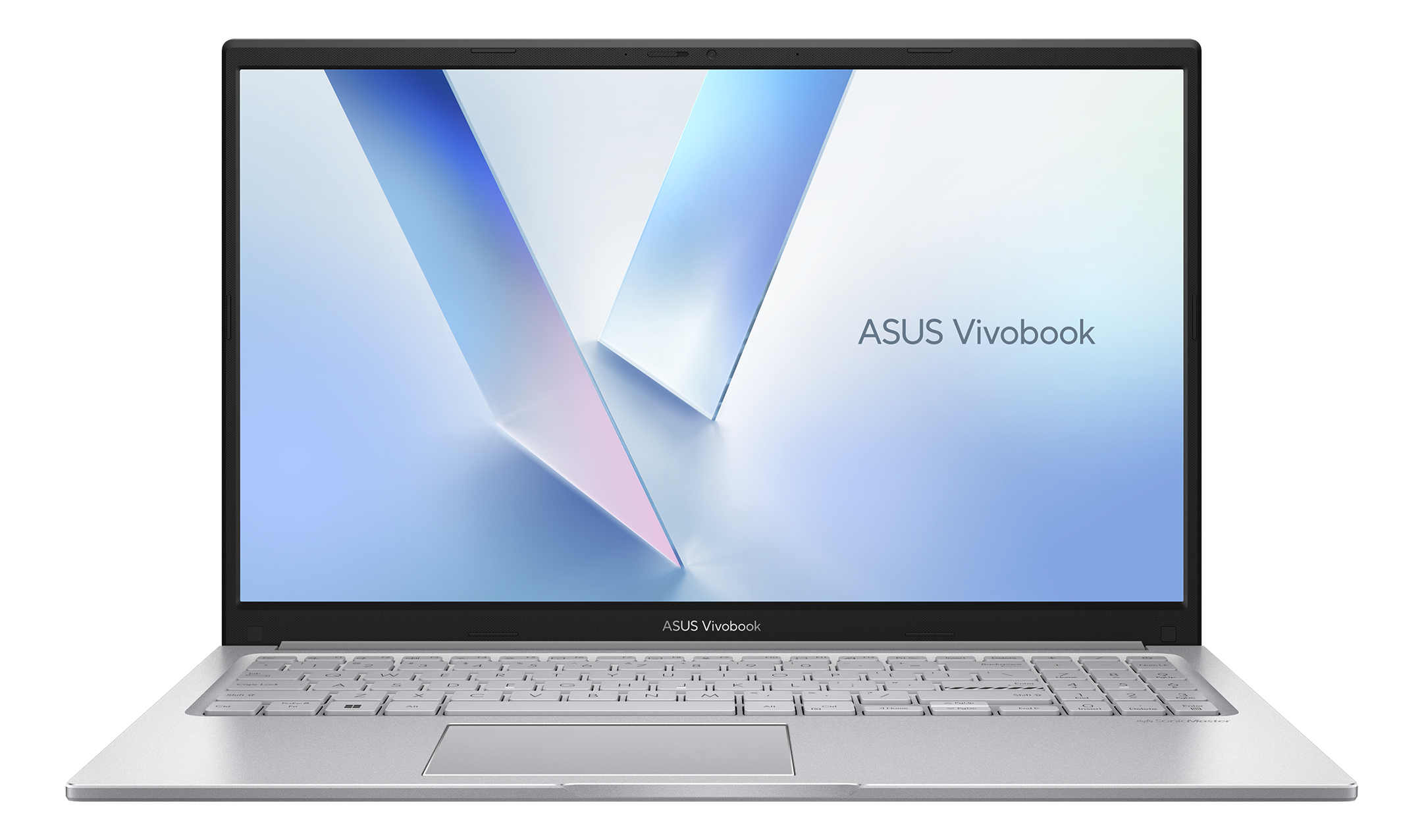 Ordinateur portable Asus Vivobook argenté avec clavier et pavé tactile, ouvert.