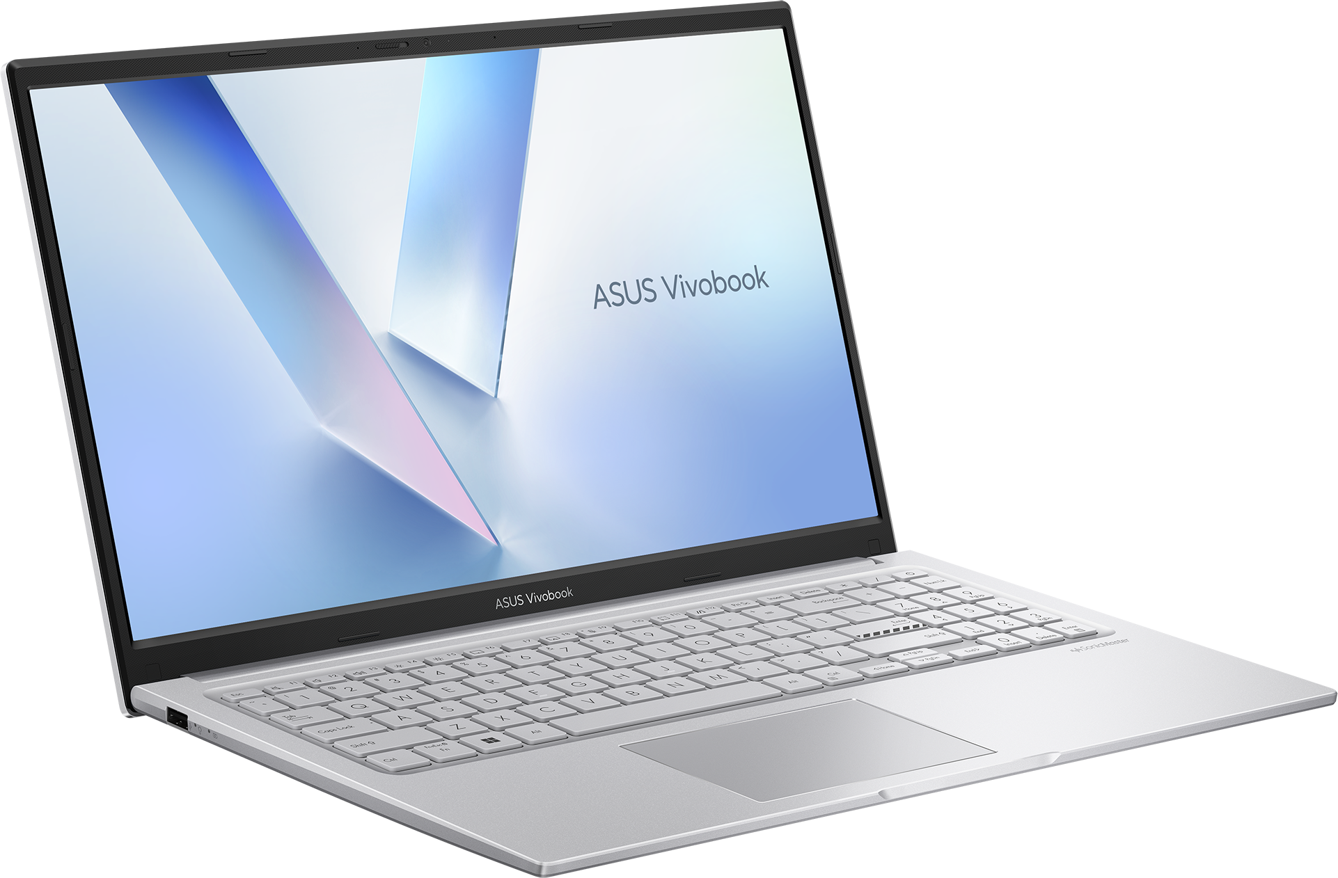 Un ordinateur portable ASUS Vivobook argenté avec clavier rétroéclairé sur fond noir.