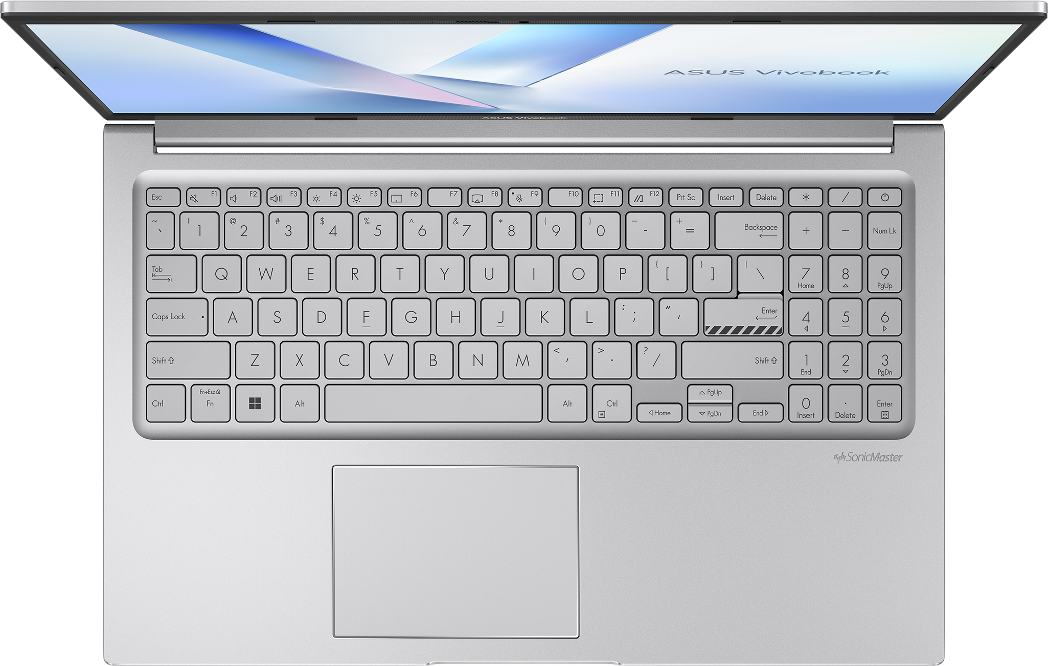 Un ordinateur portable ASUS Vivobook argenté vu de dessus. L'écran est ouvert.