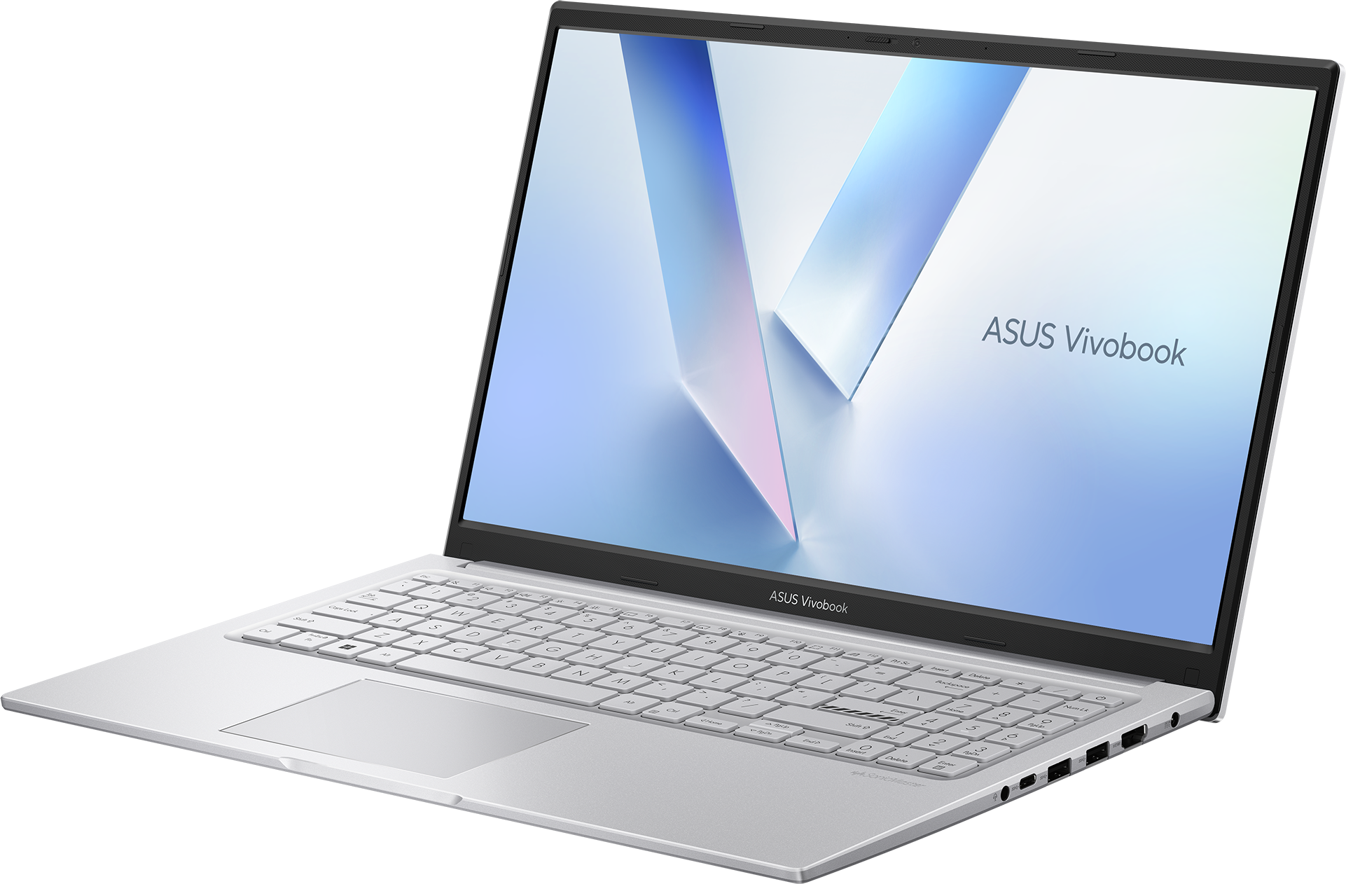 Ordinateur portable ASUS Vivobook argenté, ouvert, montrant le clavier et l'écran avec fond d'écran abstrait.