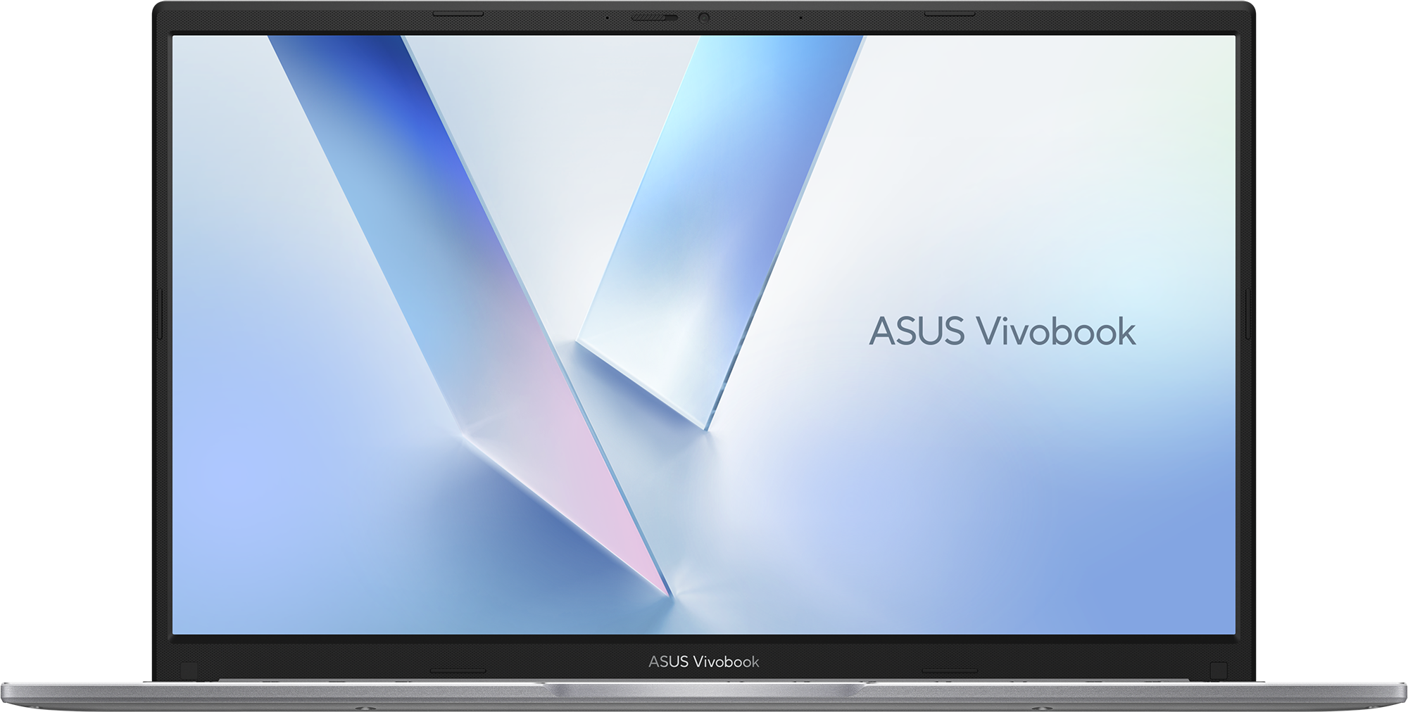 Un ordinateur portable Asus Vivobook argenté affichant un fond abstrait bleu et blanc.