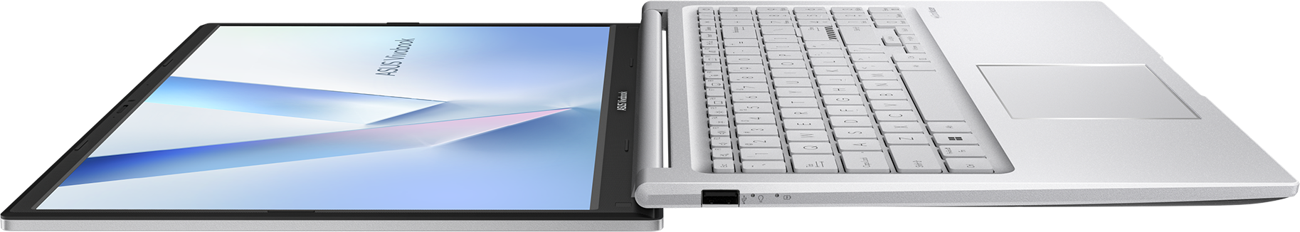Un ordinateur portable Asus Vivobook argenté est ouvert, clavier et écran visibles.