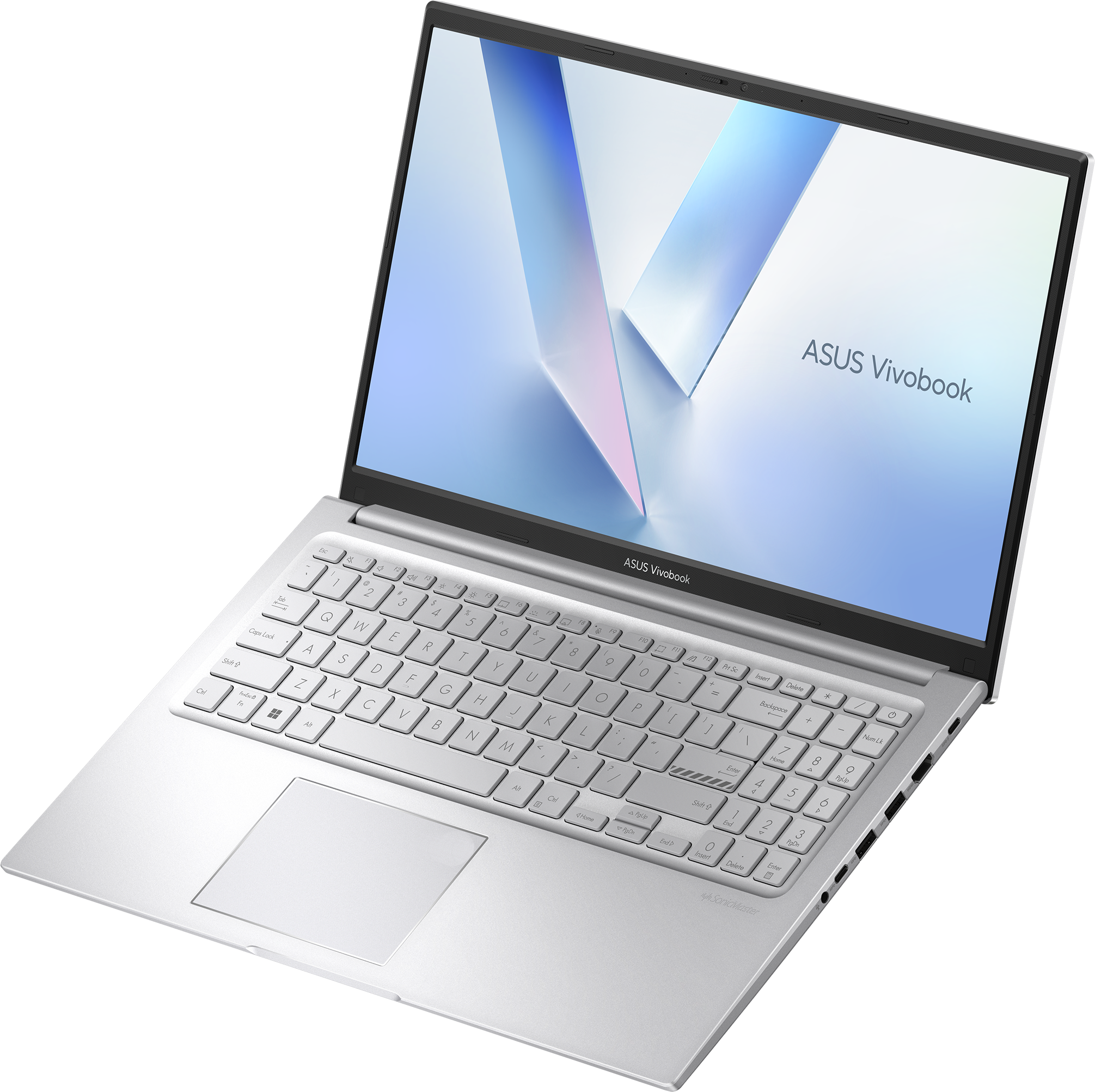 Un ordinateur portable ASUS Vivobook argenté avec clavier rétroéclairé et fond d'écran abstrait.