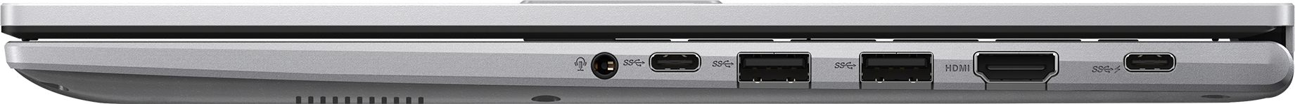 Ports de l'ordinateur portable : alimentation, USB-C, 2x USB-A, HDMI, USB-C.