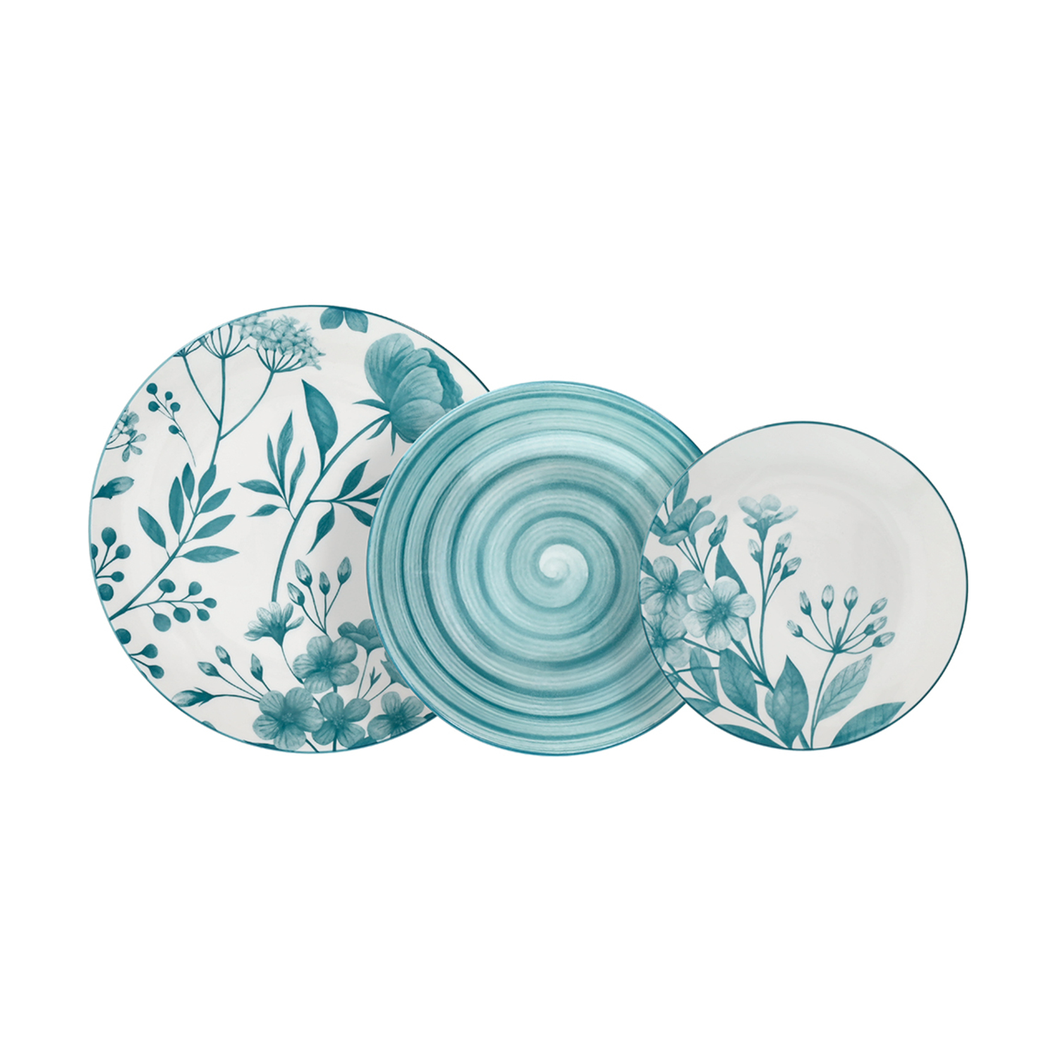 Tre piatti con motivi floreali e a spirale verde acqua su sfondo bianco.