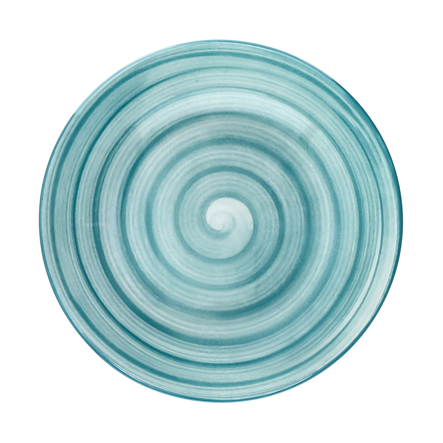 Un piatto rotondo turchese con un motivo a spirale.