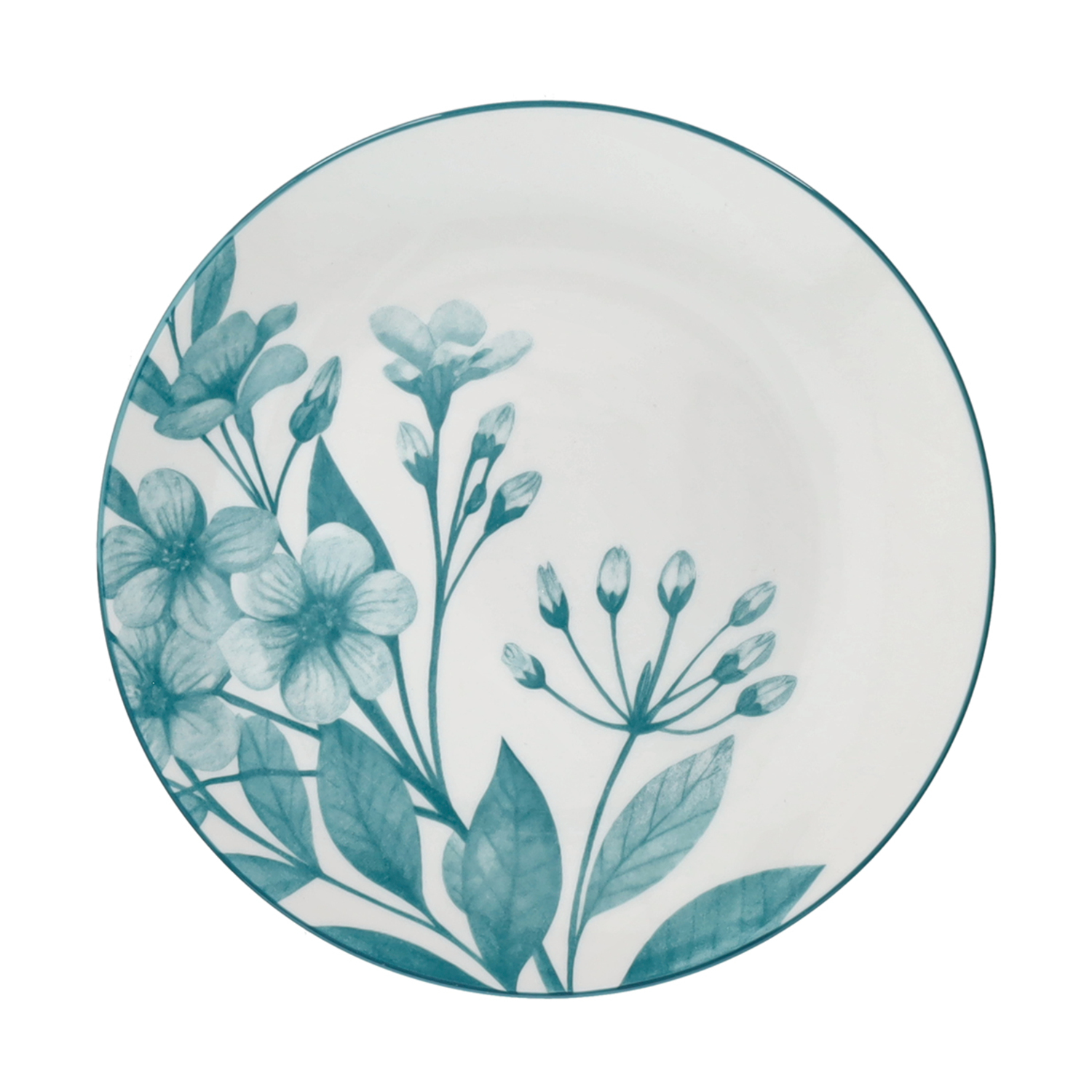 Piatto in ceramica bianca con design floreale e foglia verde acqua, bordo verde acqua scuro.