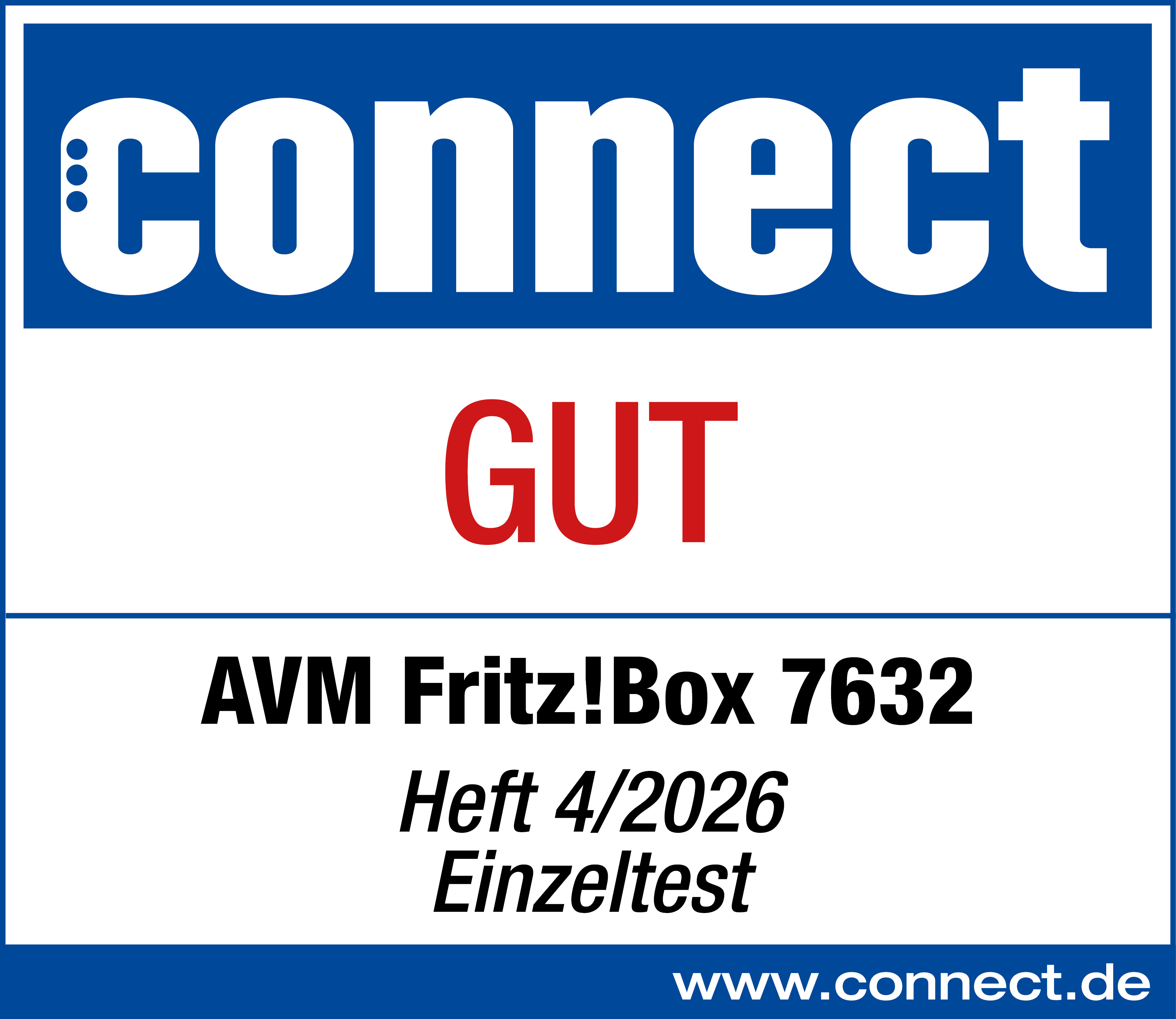 Connect Logo, "GUT", AVM Fritz!Box 7632, Heft 4/2026, Einzeltest, www.connect.de