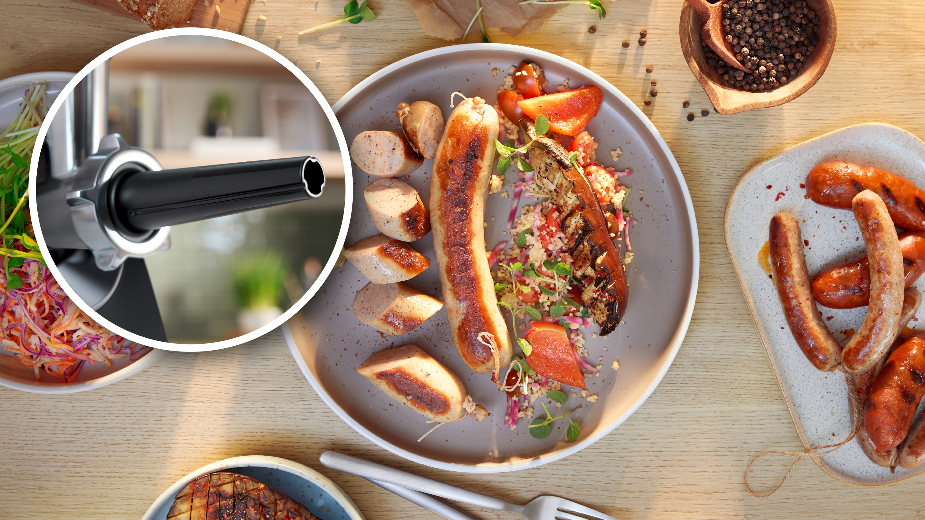Ein Fleischwolf-Aufsatz über einem Teller mit Wurst, Couscous und Gemüse.