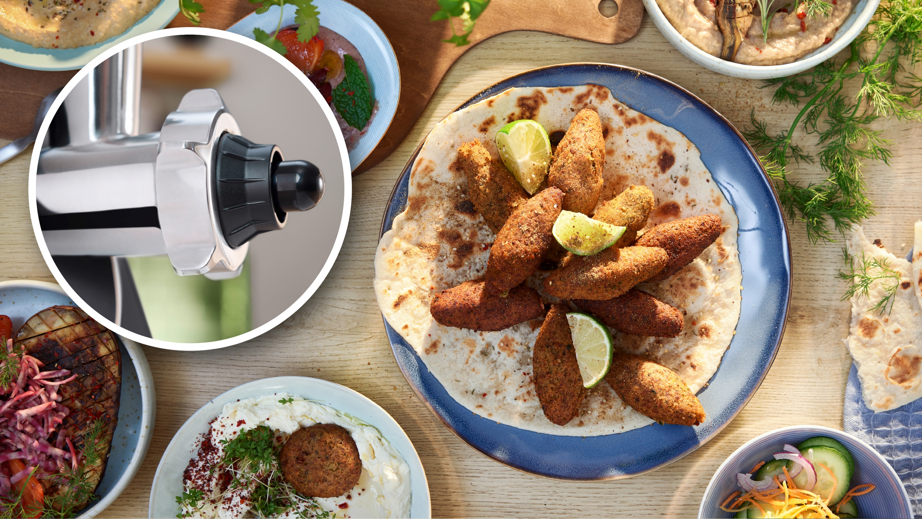 Nahaufnahme eines Fleischwolfaufsatzes neben orientalischen Speisen wie Falafel und Hummus.