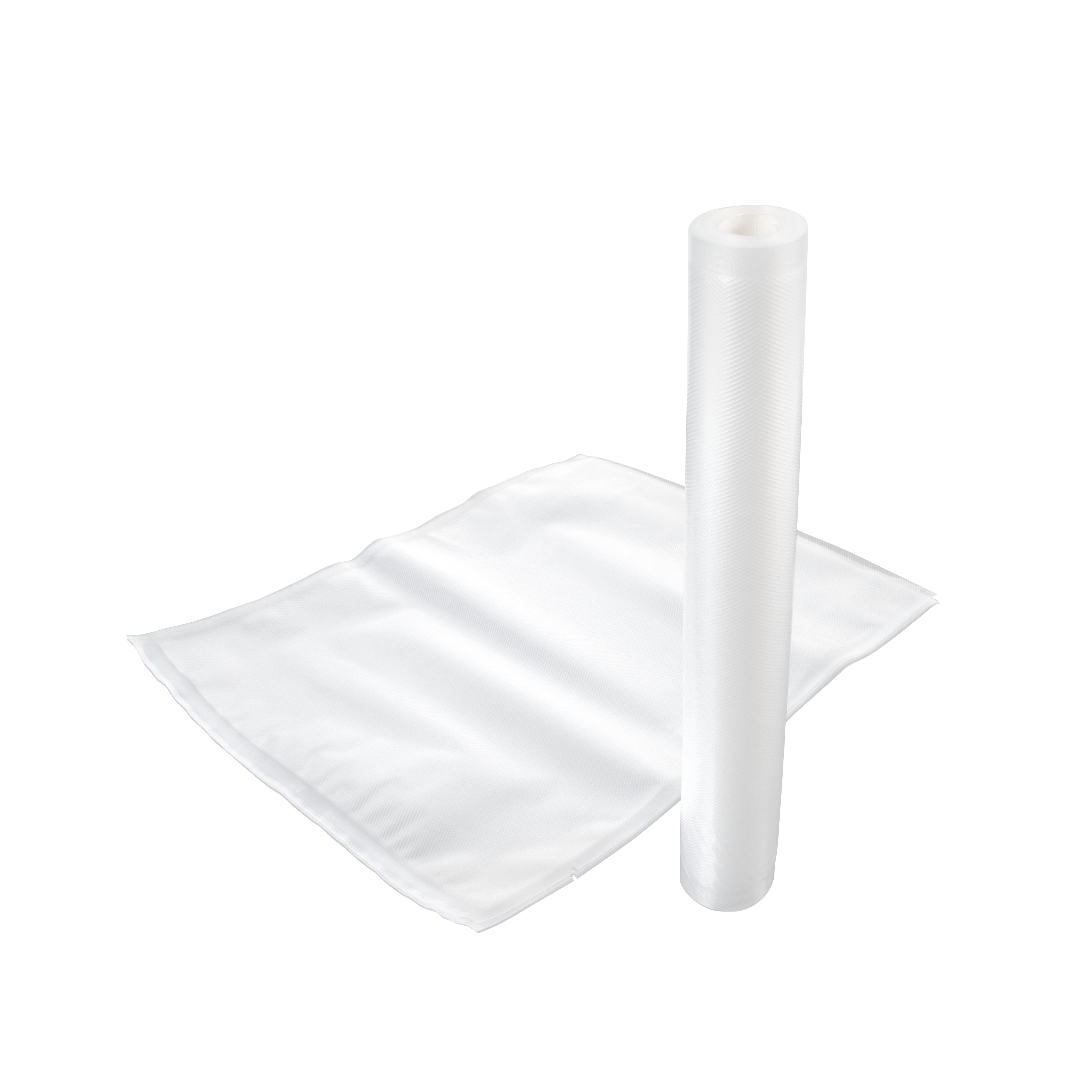 Ein aufgerolltes Vakuumbeutel-Rollenmaterial und eine geöffnete Vakuumbeutelrolle.