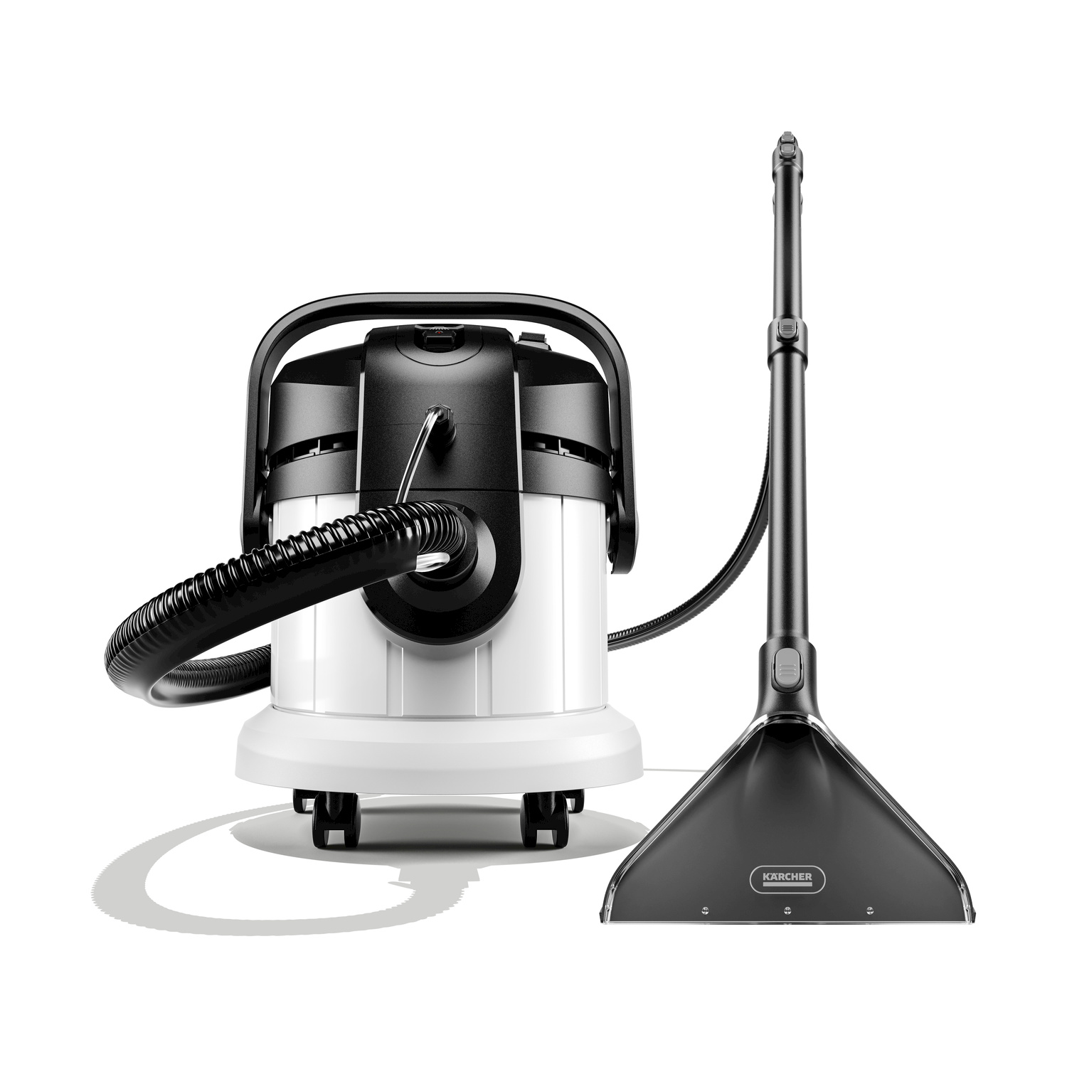 Un aspiratore liquidi/solidi bianco e nero con tubo e bocchetta.