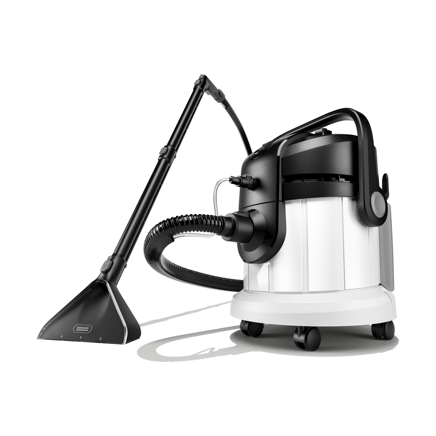 Un aspirapolvere bagnato/asciutto bianco e nero con tubo e ugello su sfondo bianco.