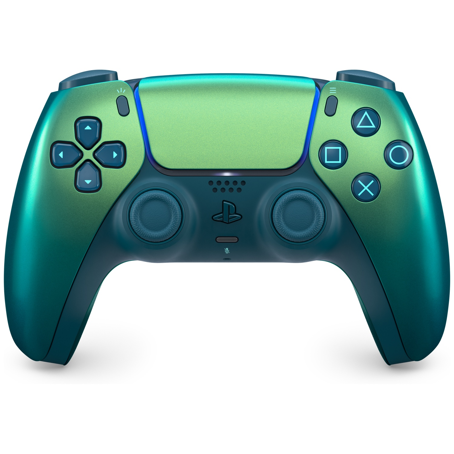 A green and blue gradient PlayStation 5 controller.