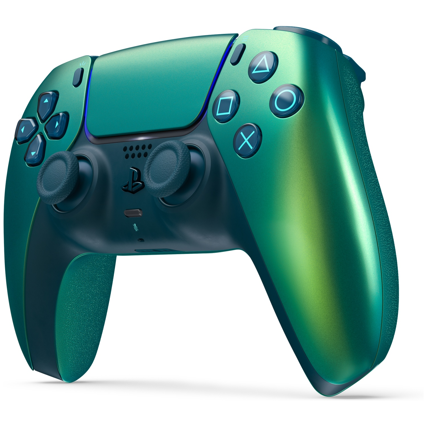 A green controller with blue buttons on a white background.