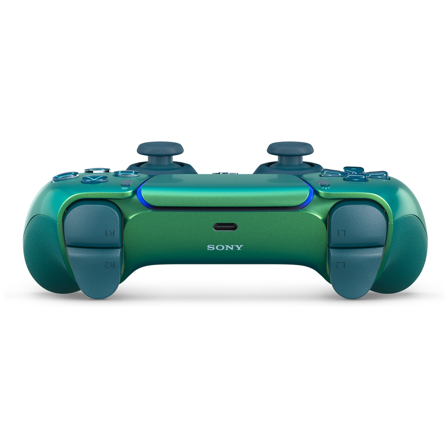 A green and blue controller with Sony logo and illuminated buttons.