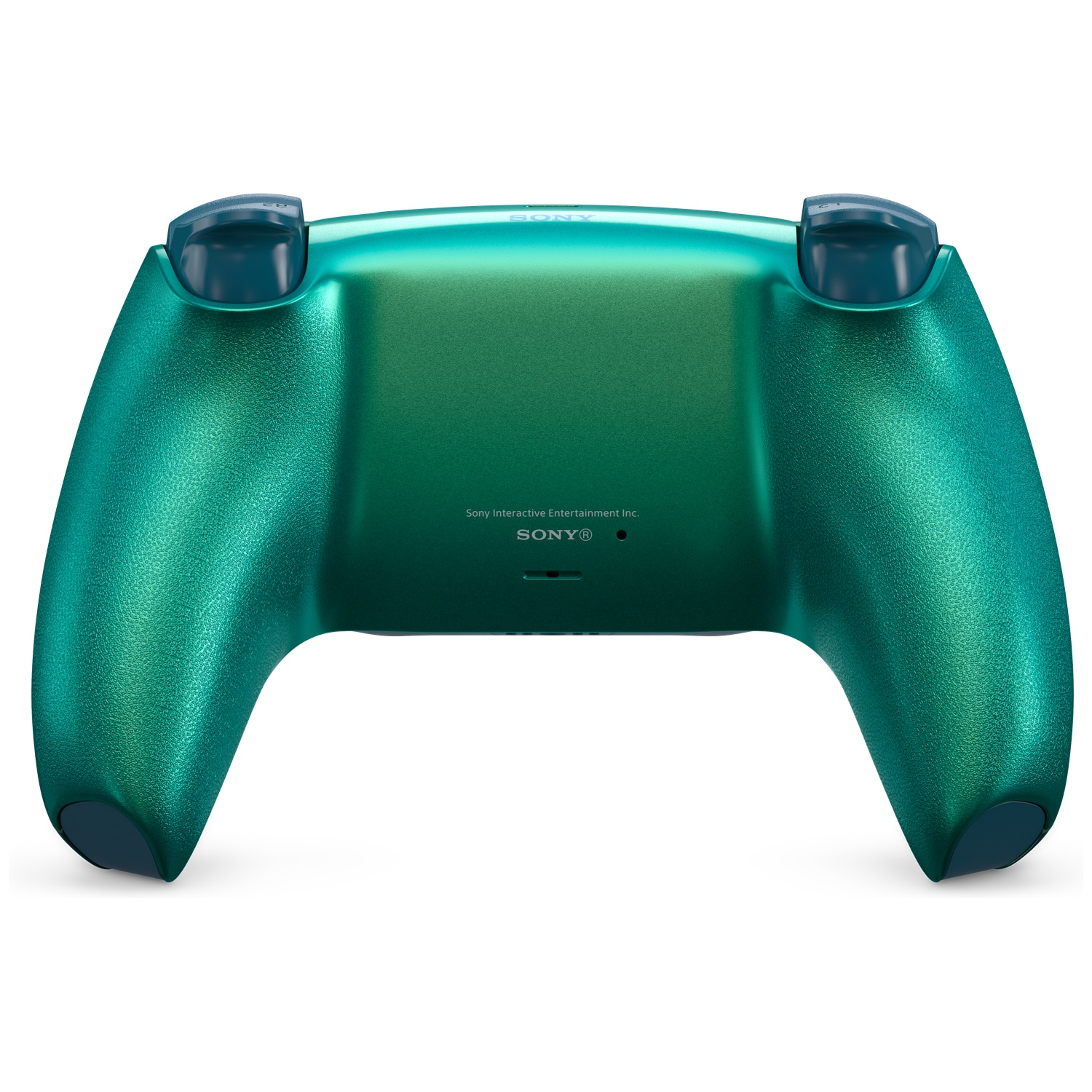 Green iridescent video game controller with Sony logo on white background.