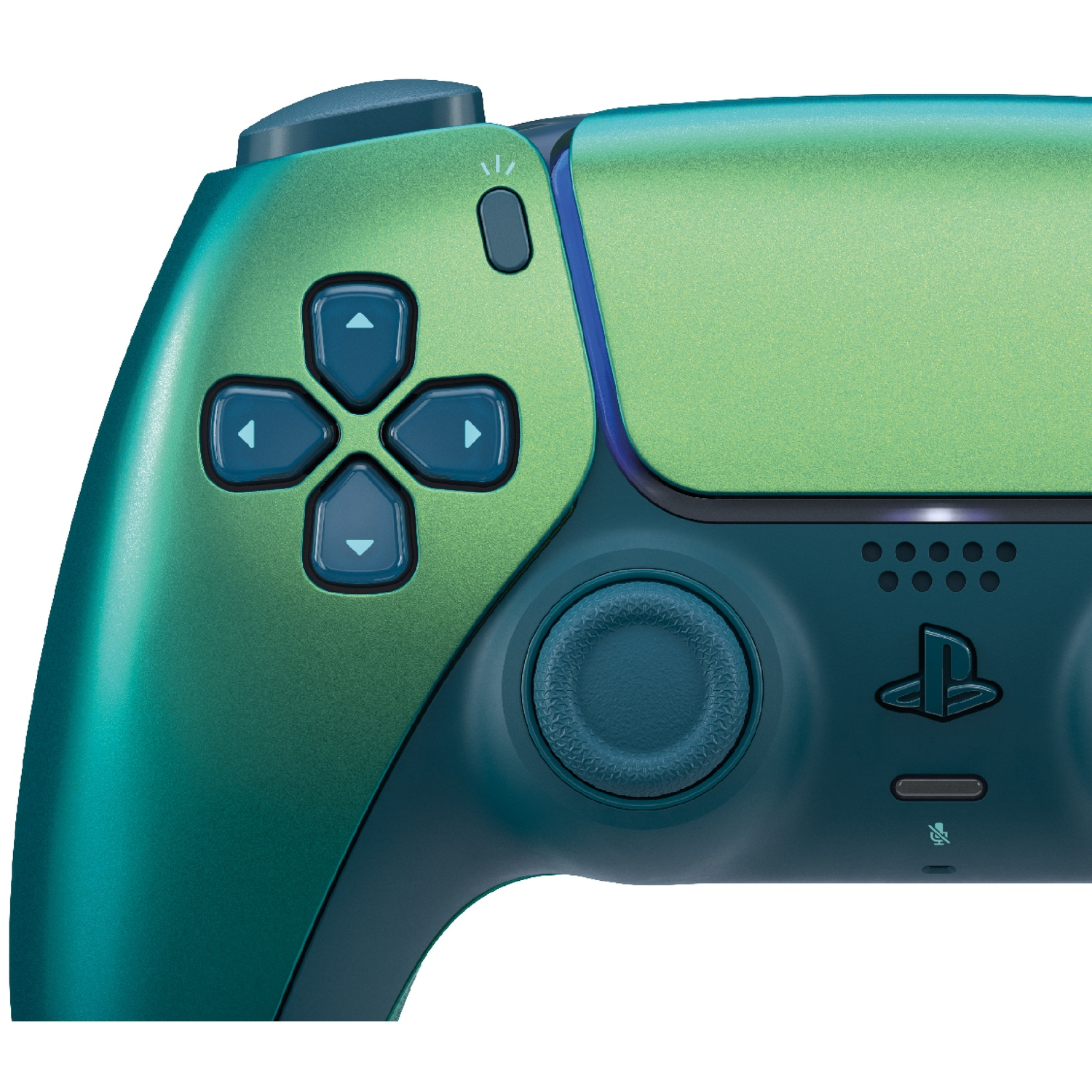 A teal and green controller featuring a D-pad and an analog stick.