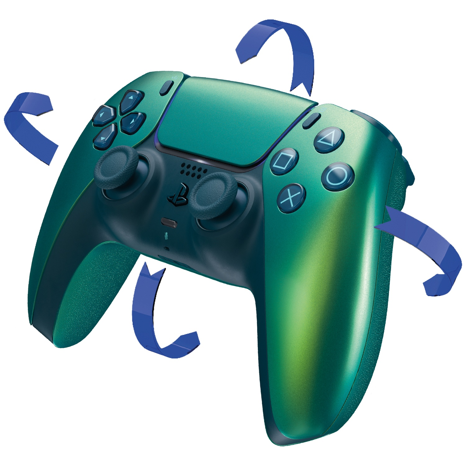 A green controller with blue arrows indicating rotation.