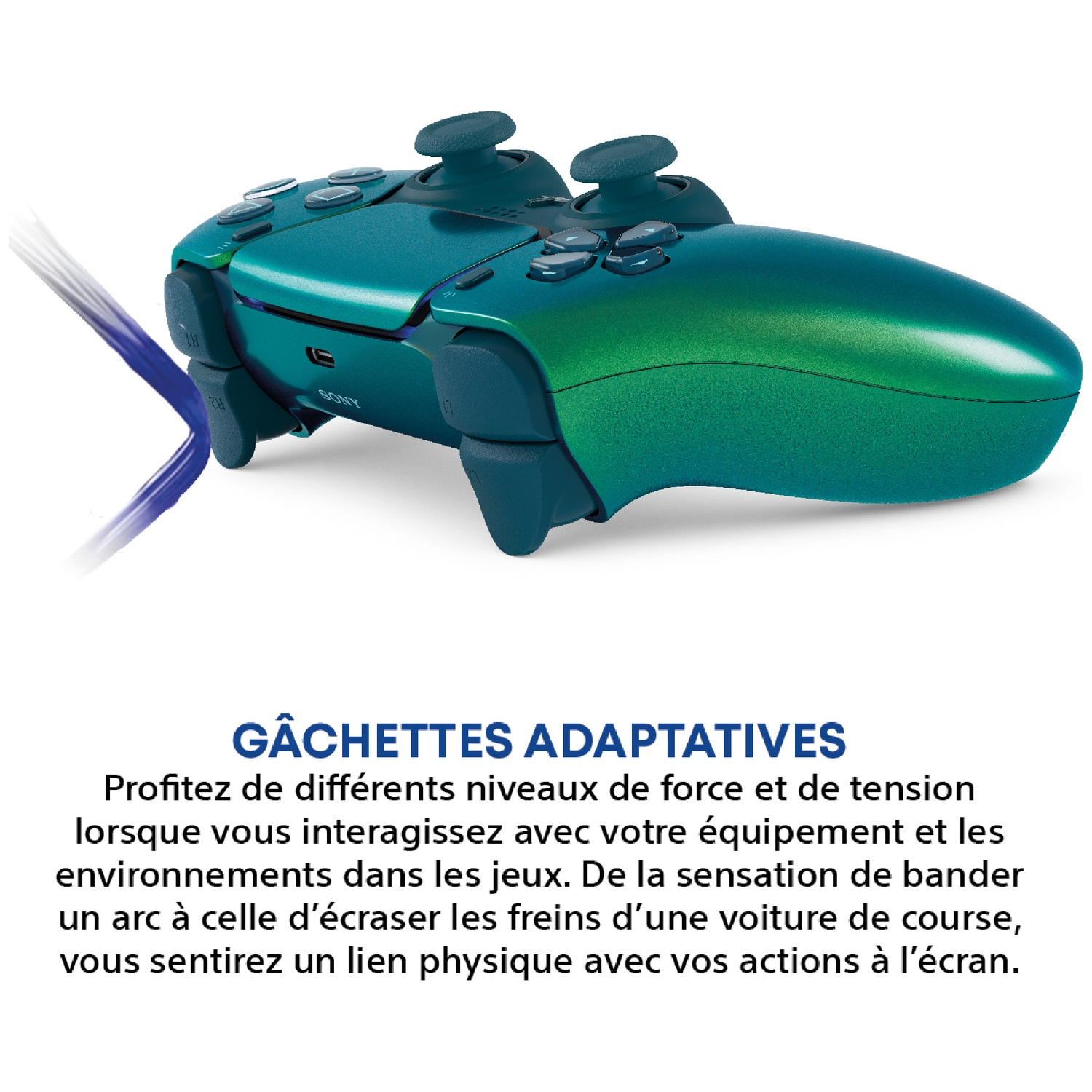 A teal controller with adaptive triggers on a white background.