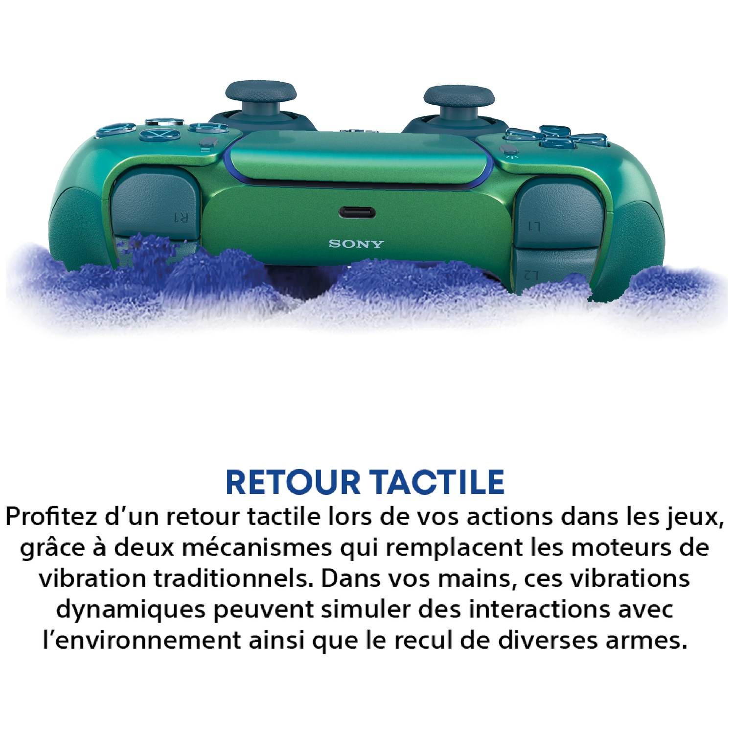 A green and blue Sony controller with waves beneath it.