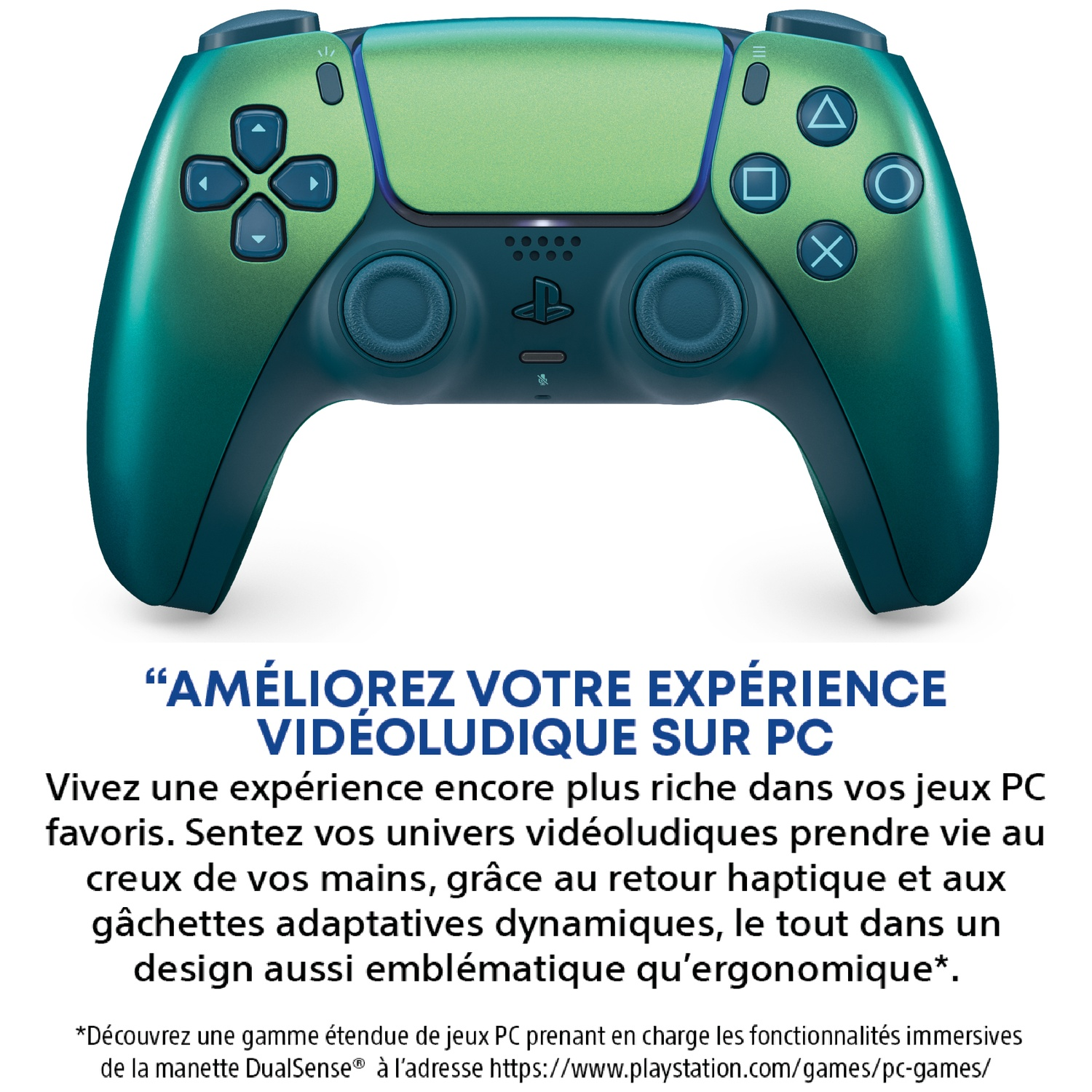 Green and blue PS5 controller front view with text.