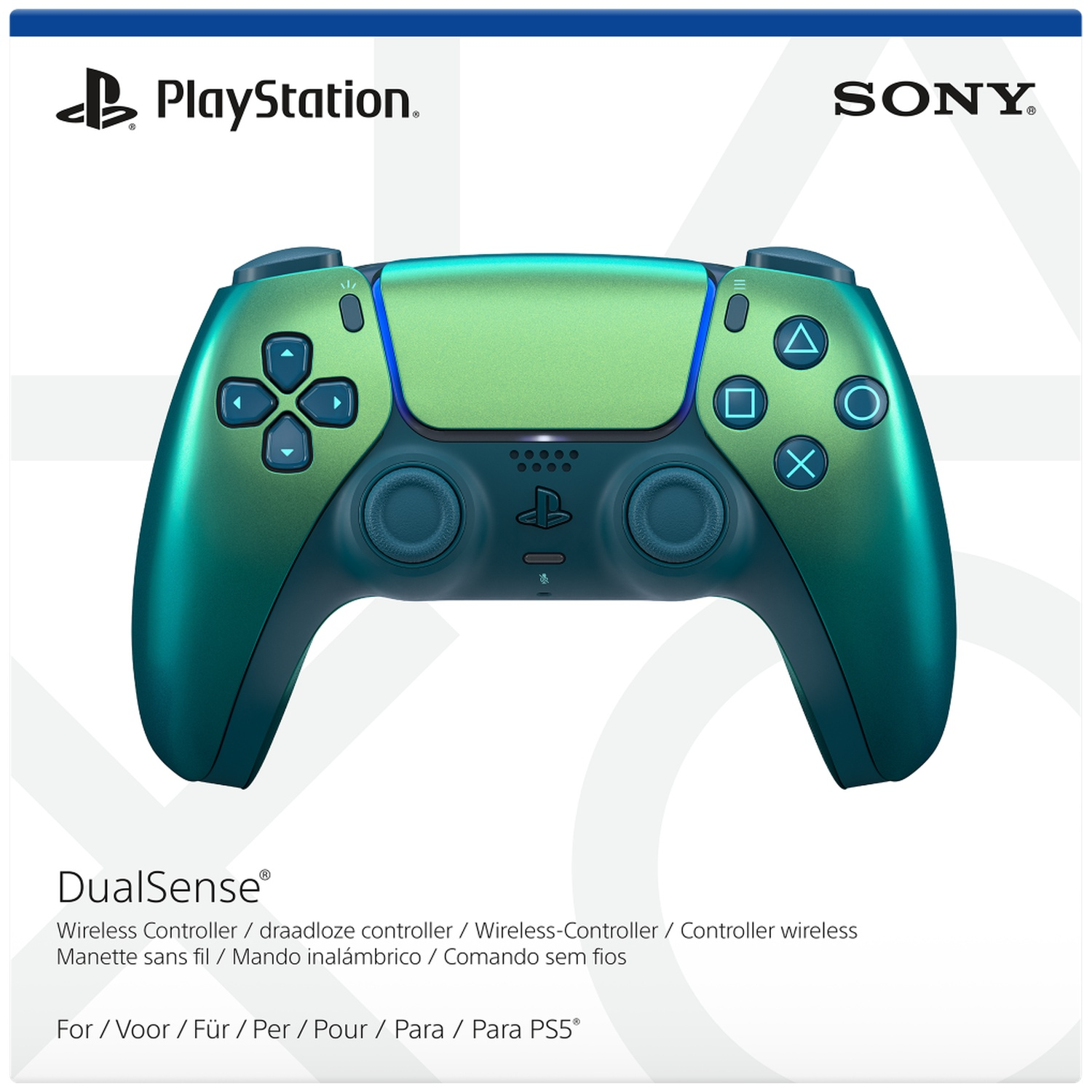 A green and blue DualSense controller for PS5.