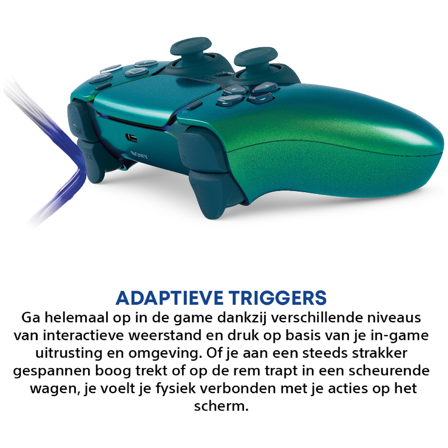 A teal gaming controller with two joysticks and buttons, with a cable.