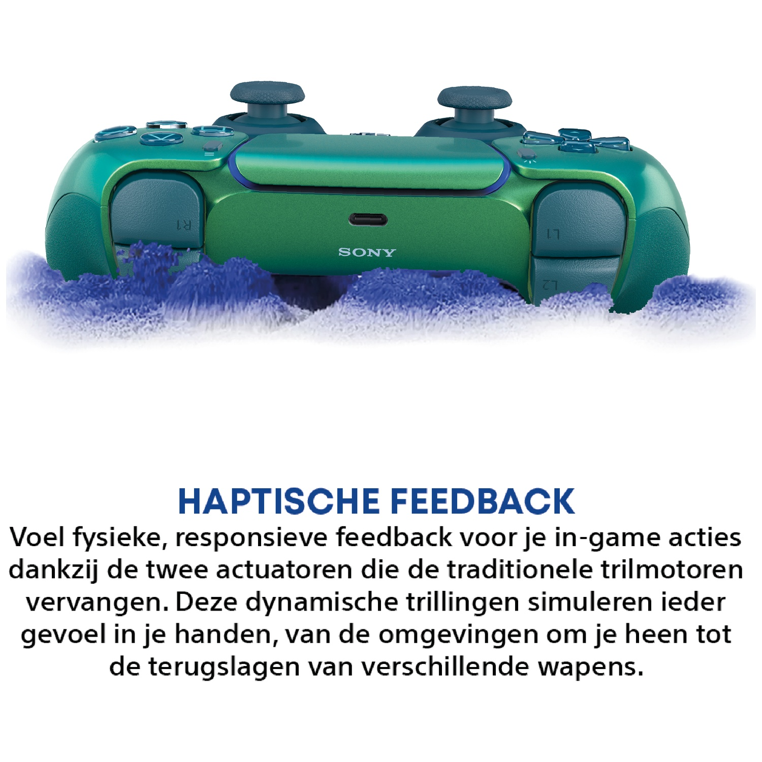 Green Sony controller with blue particles below.