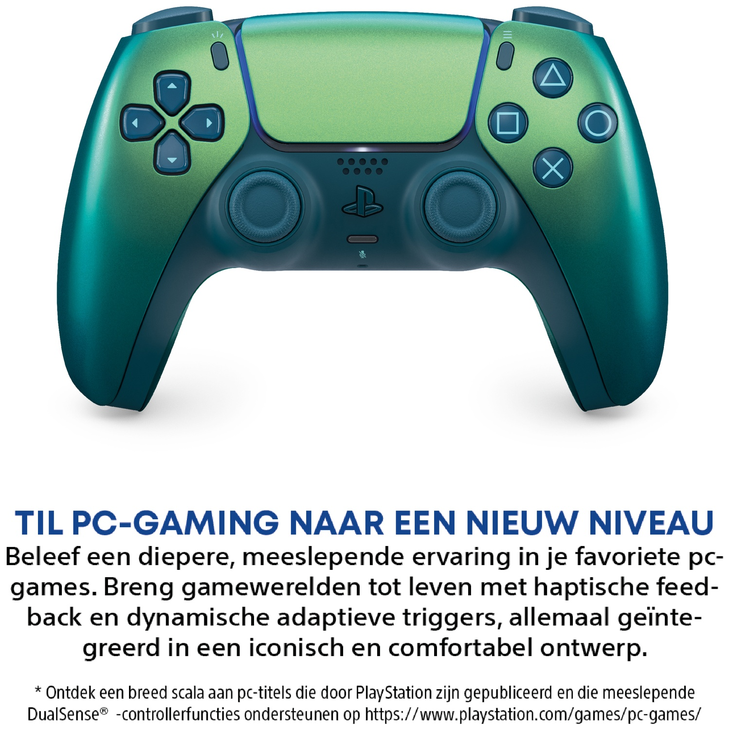 A green and blue PlayStation controller with symbols and joysticks.
