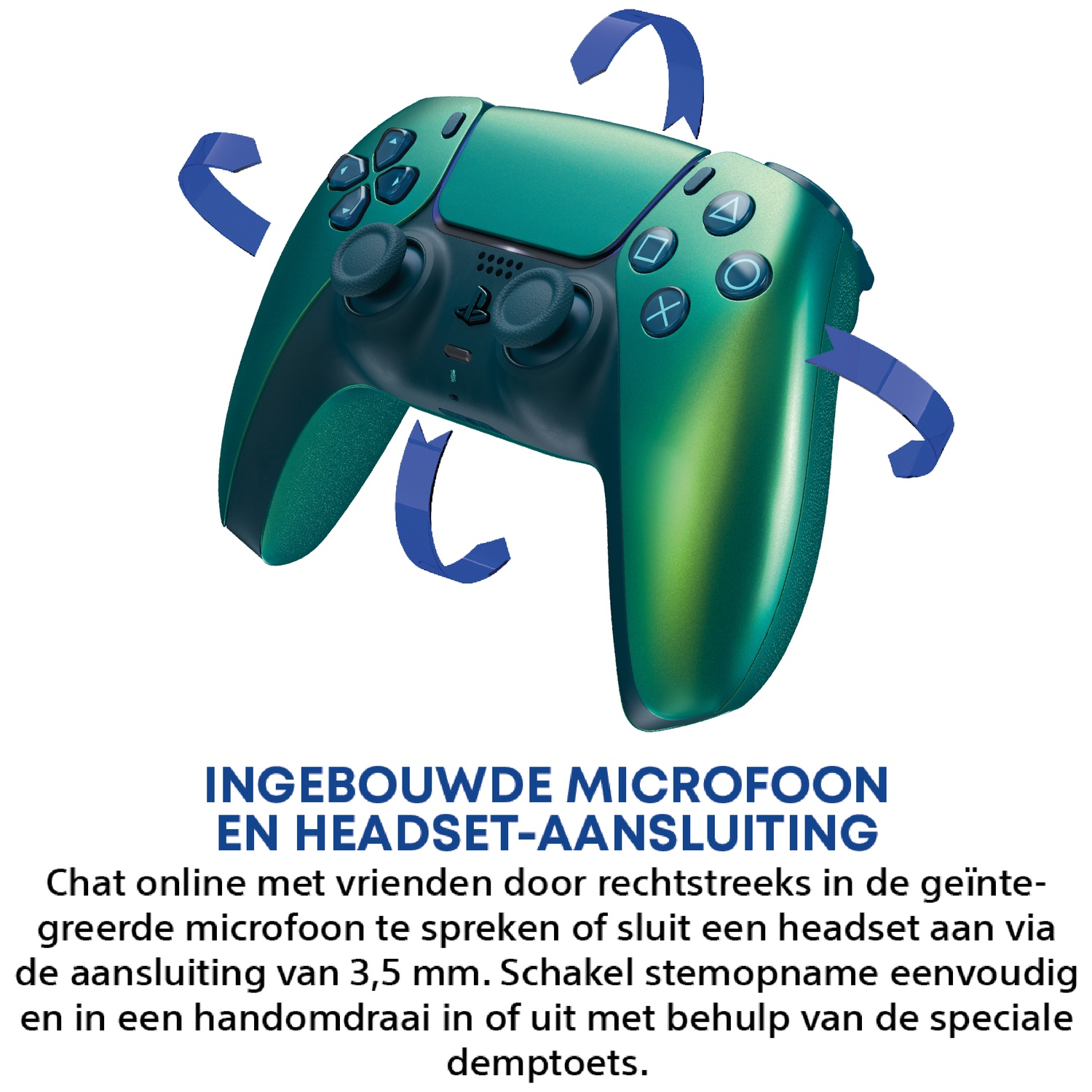 Green PS5 controller with blue arrows indicating rotation. Features built-in mic.
